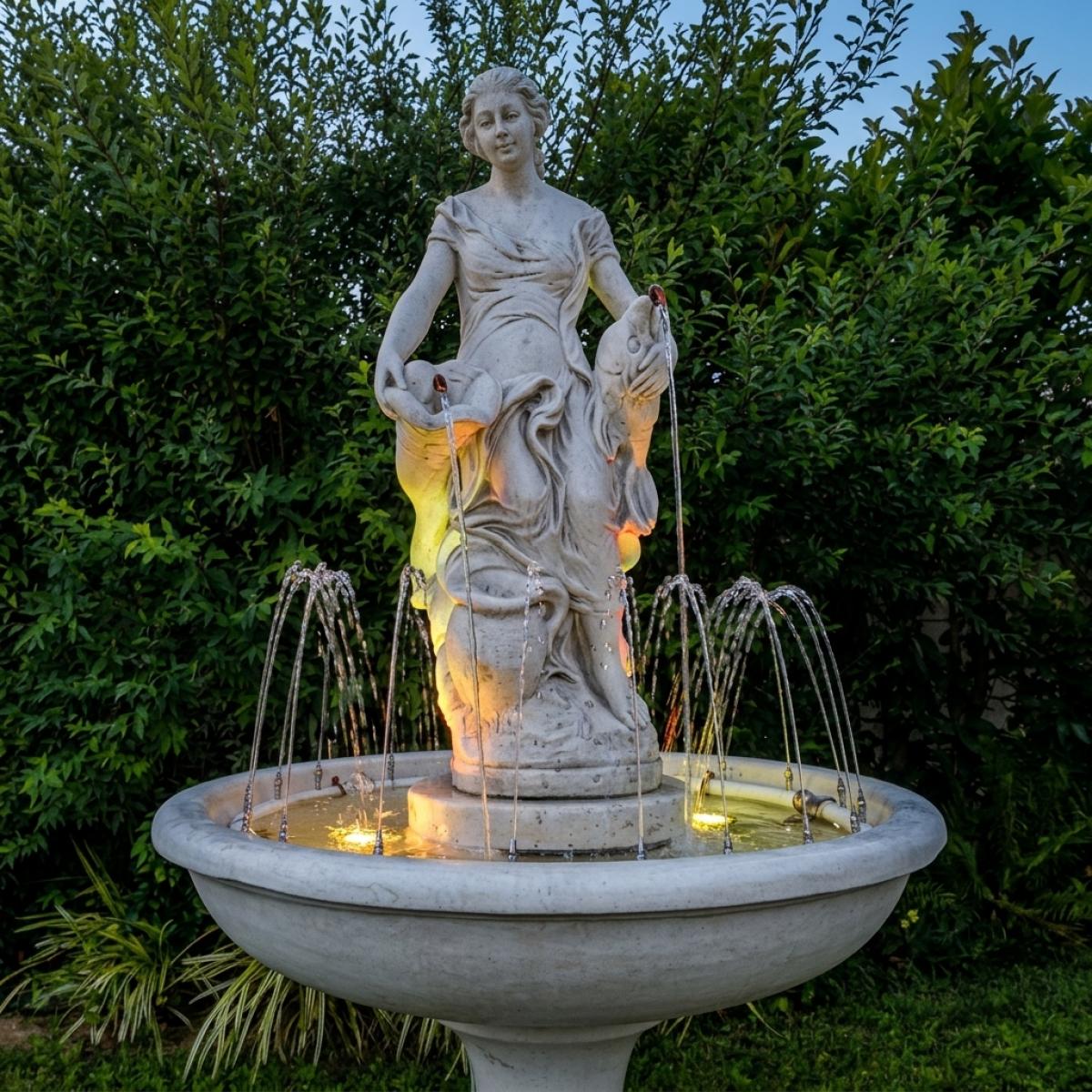 Fontana d'Acqua con Scultura Femminile Barocca di Lusso con Doppio Flusso e Bacino Illuminato - Fontana Barocca Vista frontale di Luxury Group International