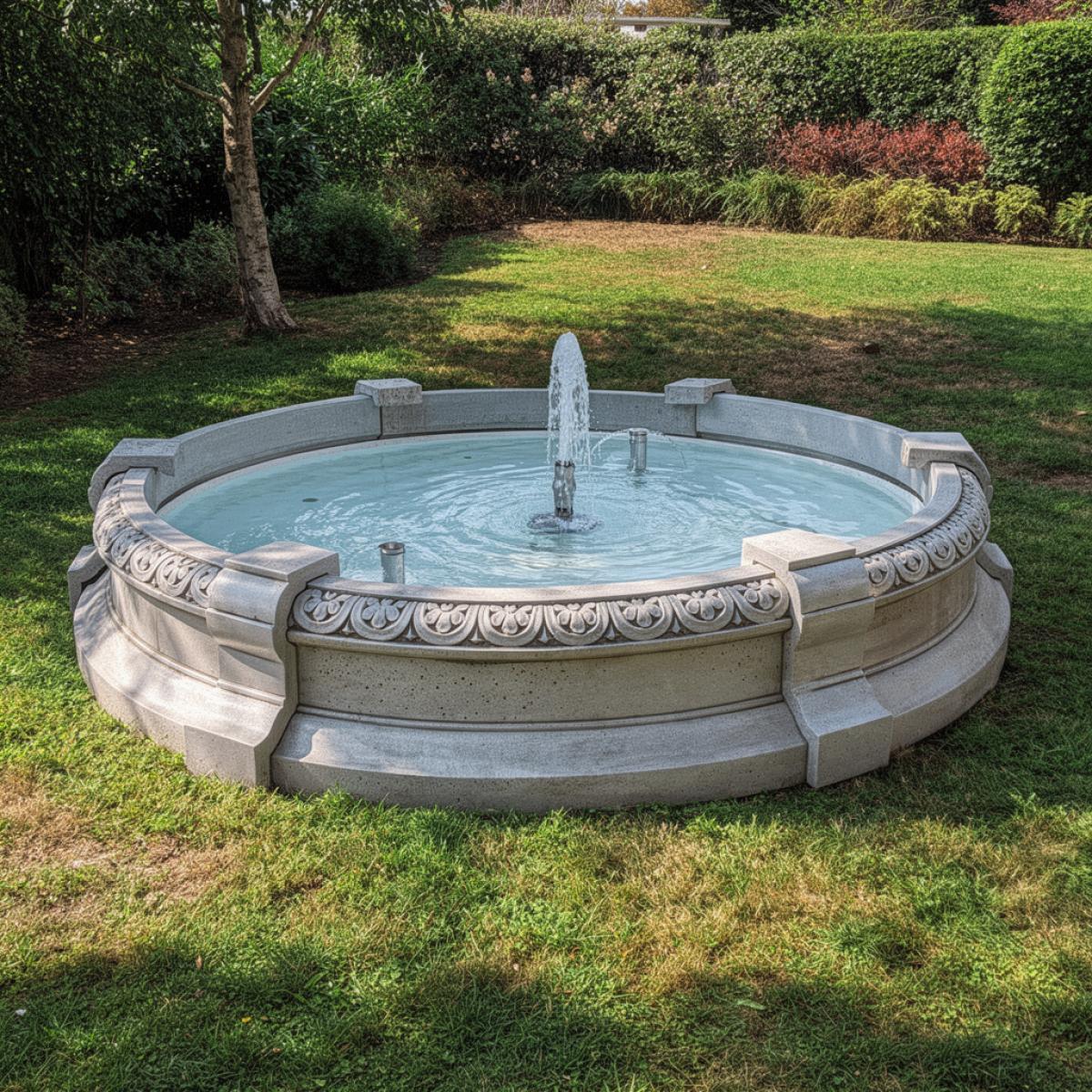 Fuente de Agua de Jardín Barroca de Lujo con Cuenca Circular Esculpida - Fuente Barroca Vista frontal por Luxury Group International