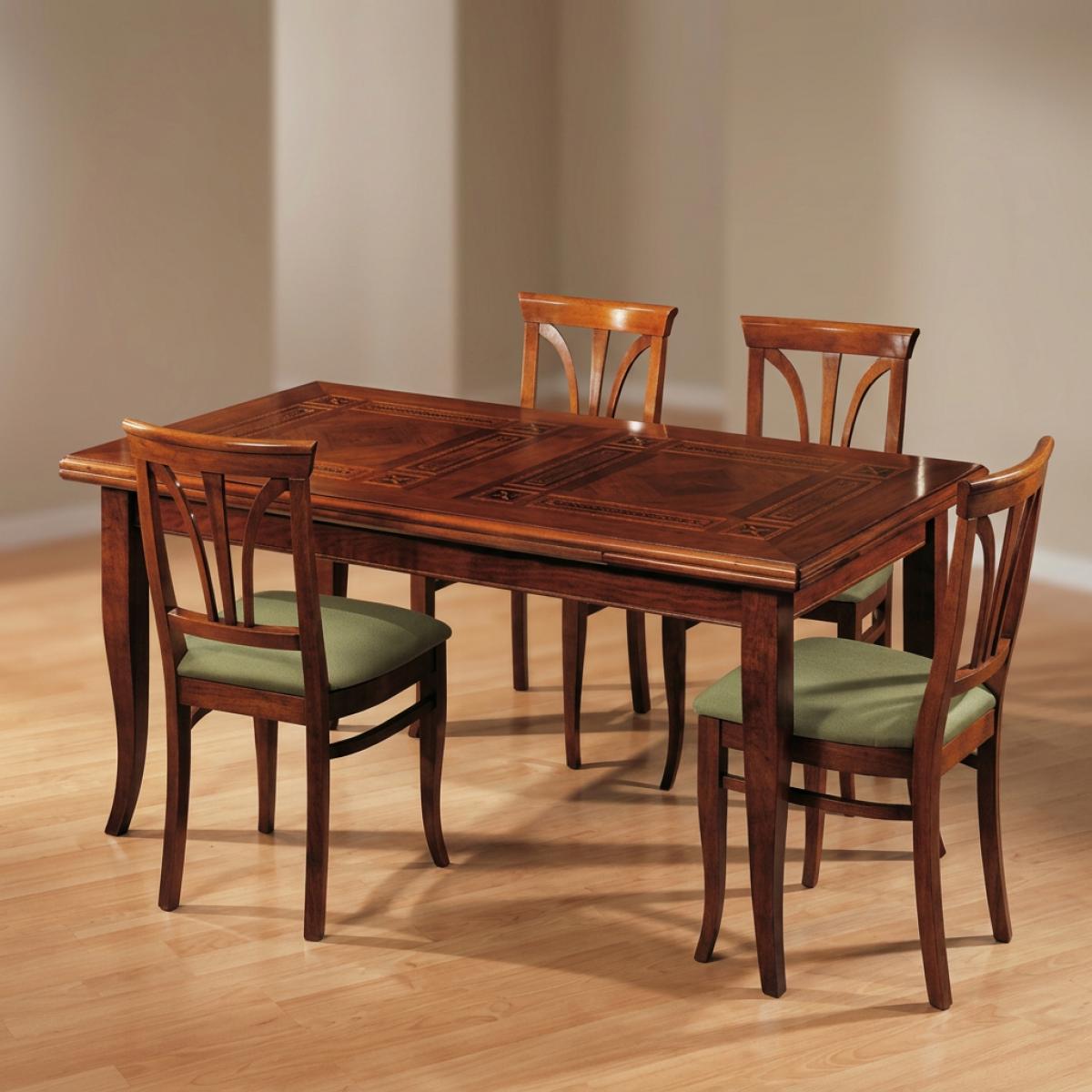 Luxus Barock Geometrisches Intarsien Esszimmer-Set Walnuss/Salbeigrün — 1 Tisch & 6 Stühle - Barock Esszimmer-Set Vorderansicht von Luxury Group International