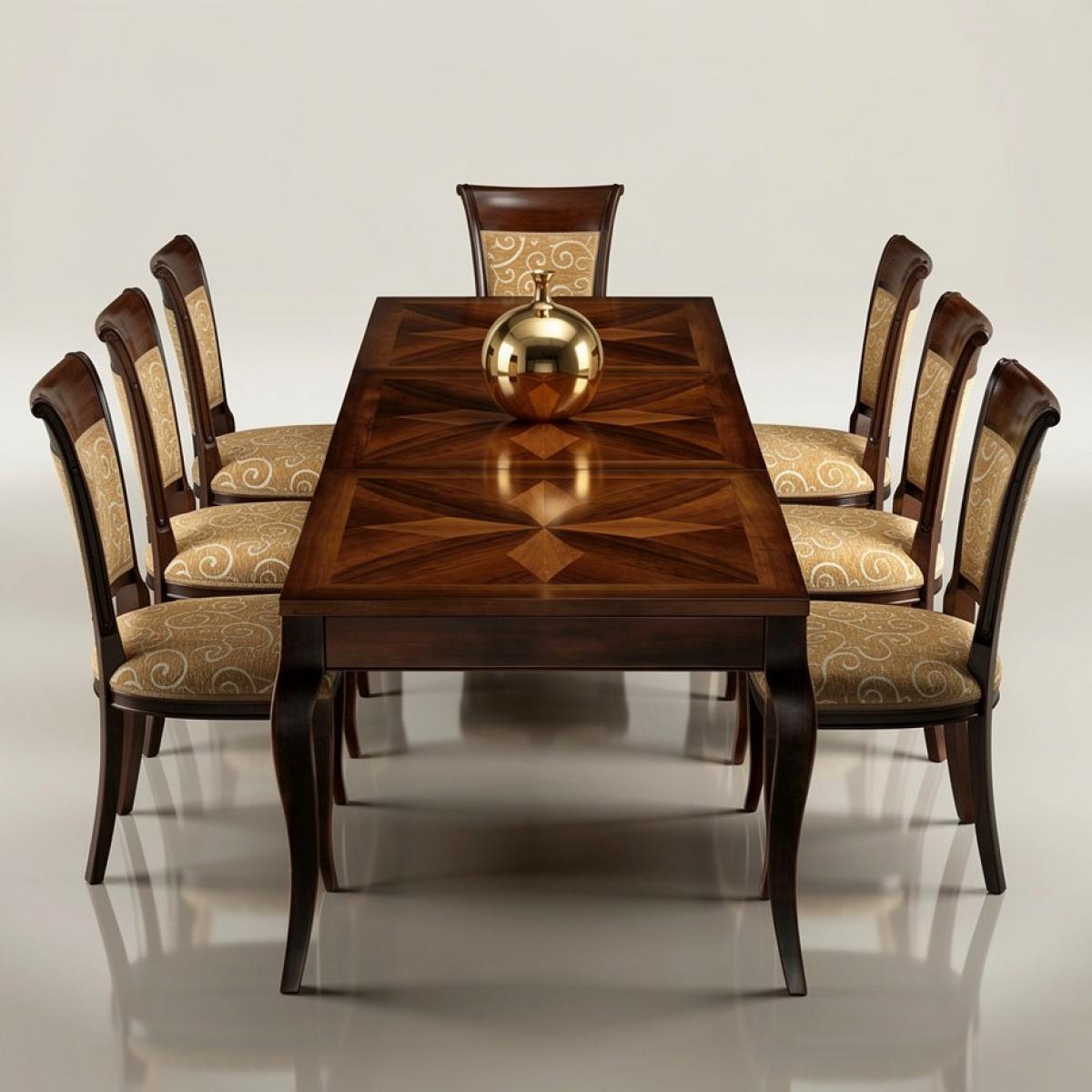 Luxus Barock Intarsien Stern Esszimmer Set Dunkle Walnuss/Gold — 1 Tisch & 8 Stühle - Barock Esszimmer Set Vorderansicht von Luxury Group International