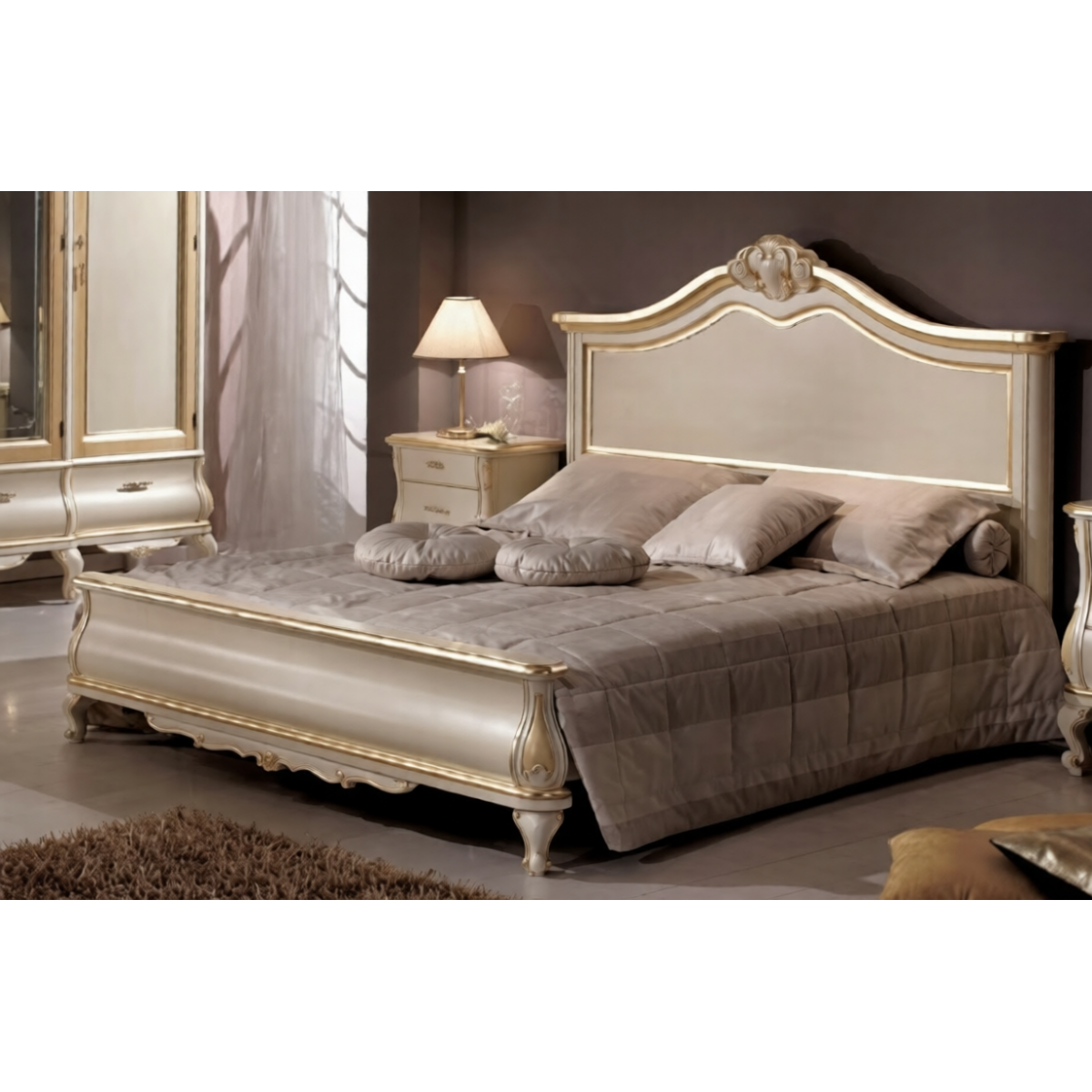 Luxury Baroque Pearl Ivory Neo-Classical Double Bed with Gold Edge Carved Frame & Cabriole Legs Front View by Luxury Group International