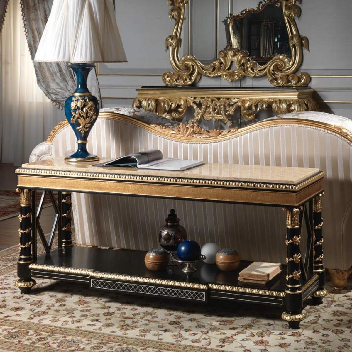 Luxury Baroque Sideboard in Black Lacquer with Ornate Gold Columns & Open Lower Shelf - Royal Furniture Front View by Luxury Group International