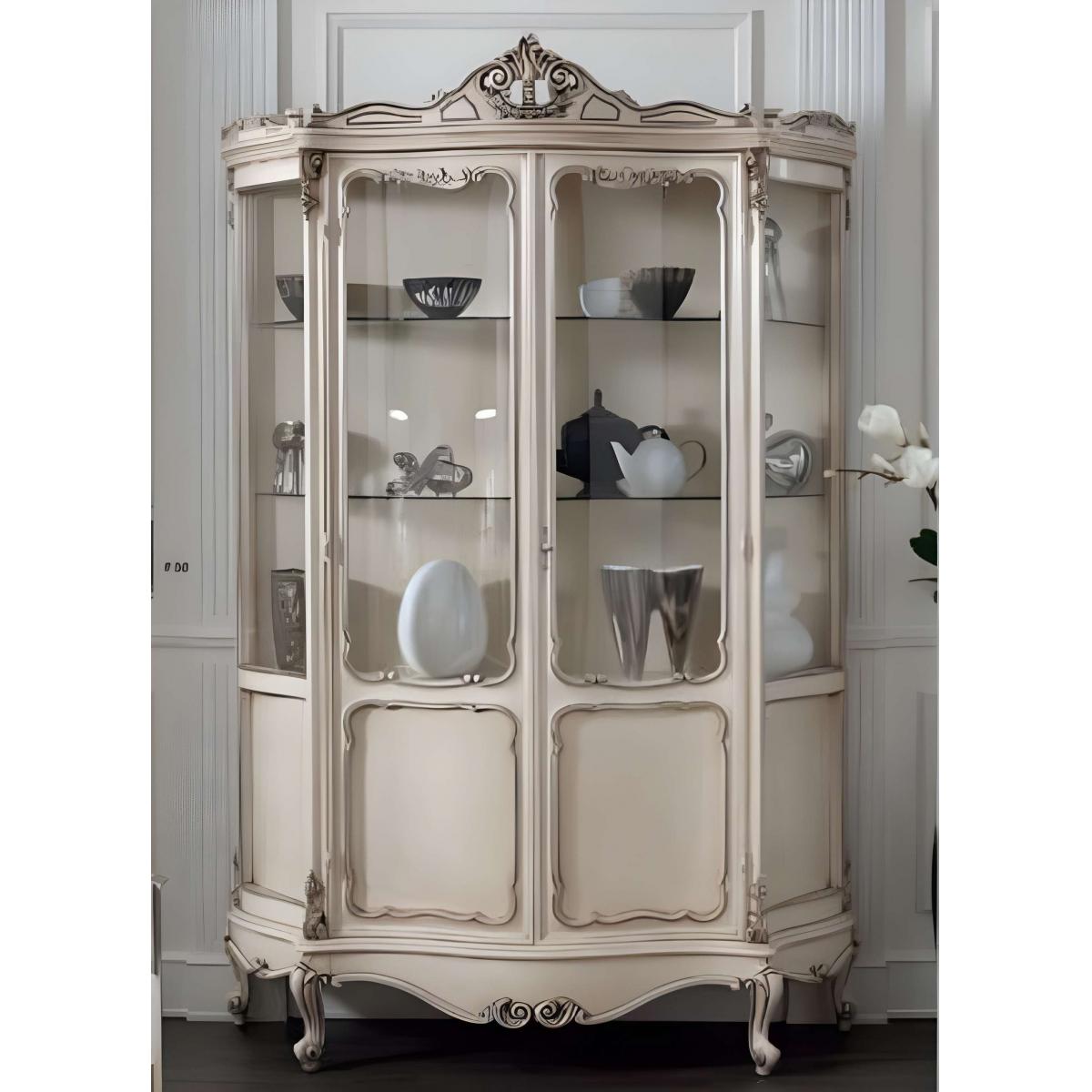Luxury Baroque Wooden Curved Glass Double Door Showcase Cabinet with Ornate Crown in Ivory Finish Front View by Luxury Group International