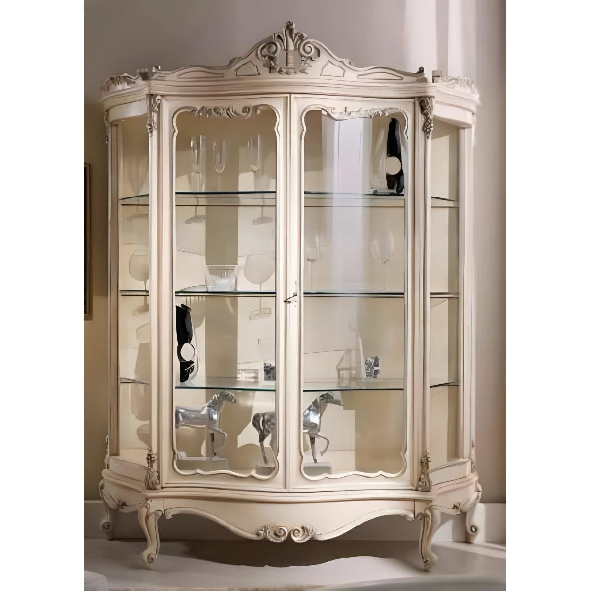 Luxury Baroque Wooden Double Door Glass Showcase Cabinet with Sculpted Crown in Ivory Finish Front View by Luxury Group International