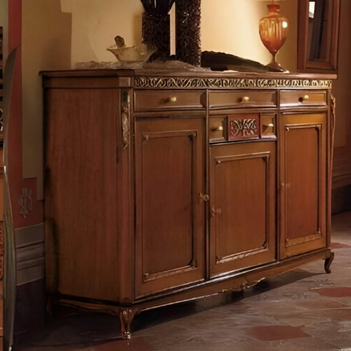 Luxury Baroque Wooden Dresser with Decorative Carved Trim - 3 Doors Cabinet with 5 Drawers Front View by Luxury Group International