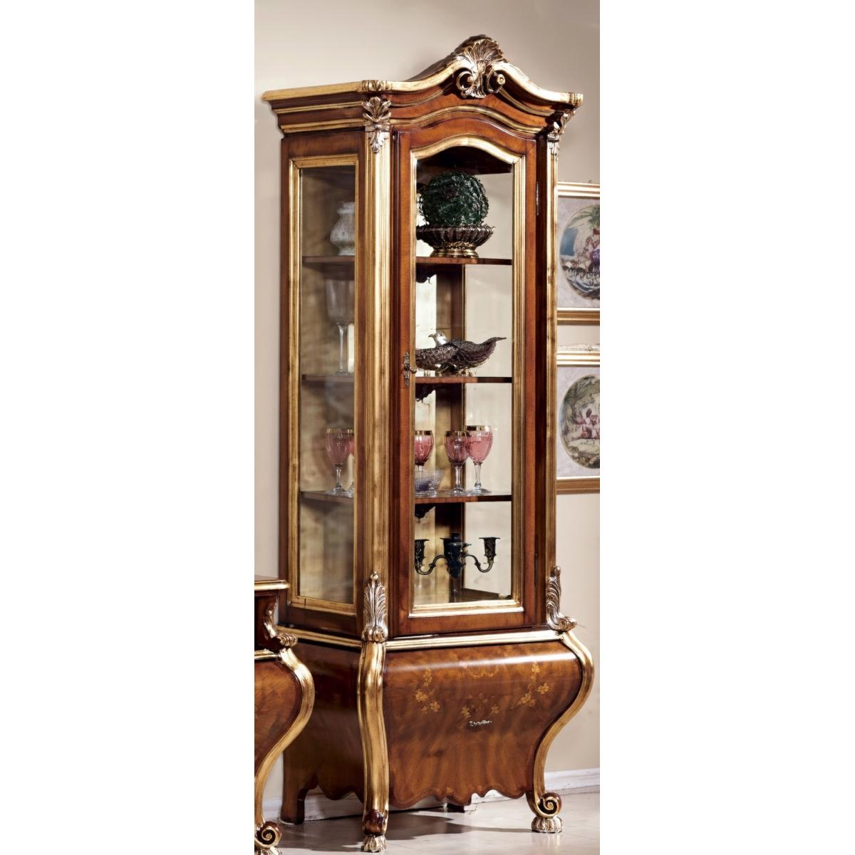 Luxury Baroque Wooden Glass Display Cabinet in Gold Accent with Ornate Crown Crest & Curved Storage Base Front View by Luxury Group International