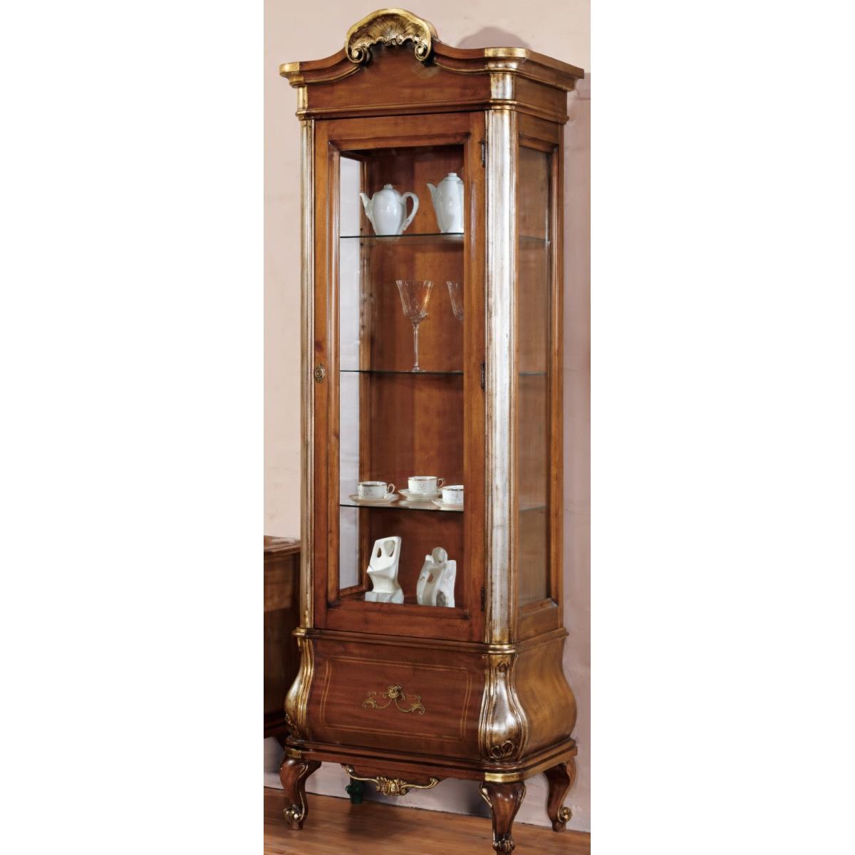 Luxury Baroque Wooden Glass Display Cabinet in Gold Accent with Sculpted Crest & Curved Storage Base Front View by Luxury Group International