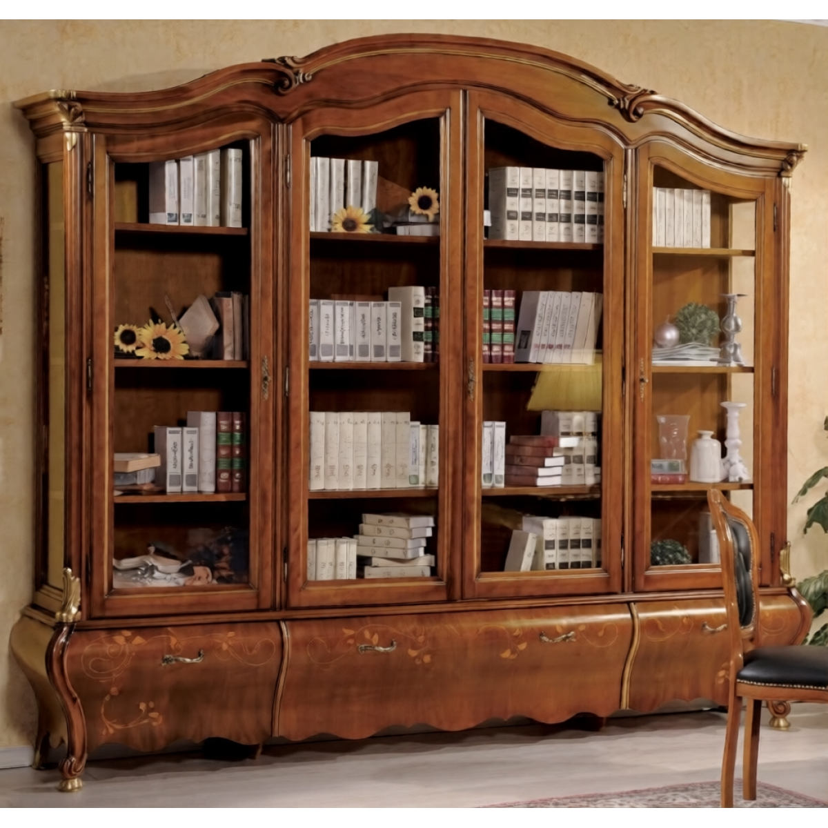 Luxury Baroque Wooden Multi-Door Glass Display Cabinet with Sculpted Frame & Curved Storage Drawer Base Front View by Luxury Group International