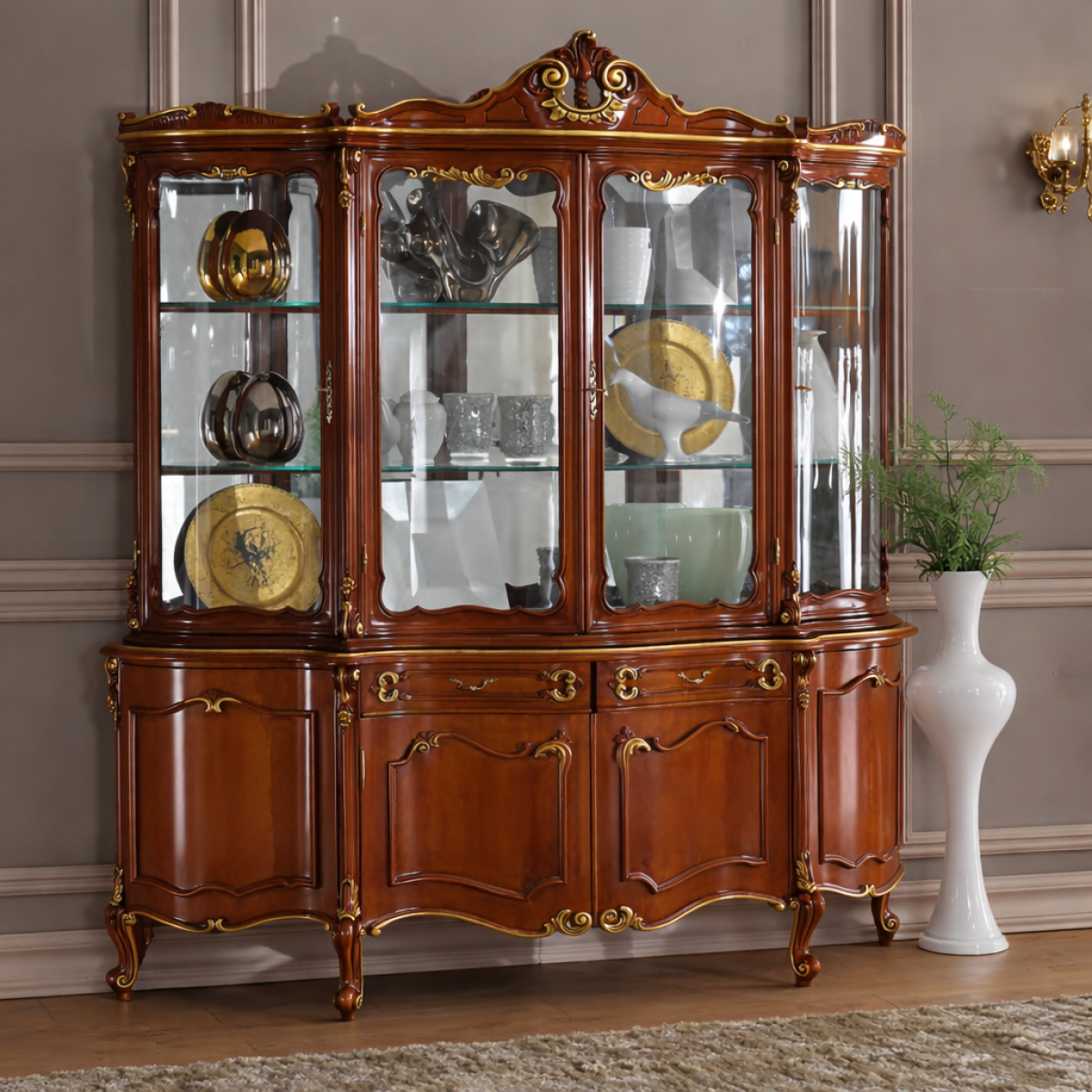 Luxuriöser barocker Holz-Vitrinenschrank mit mehreren Glastüren und Stauraumbasis in Goldakzenten – Wohnzimmermöbel Vorderansicht von Luxury Group International