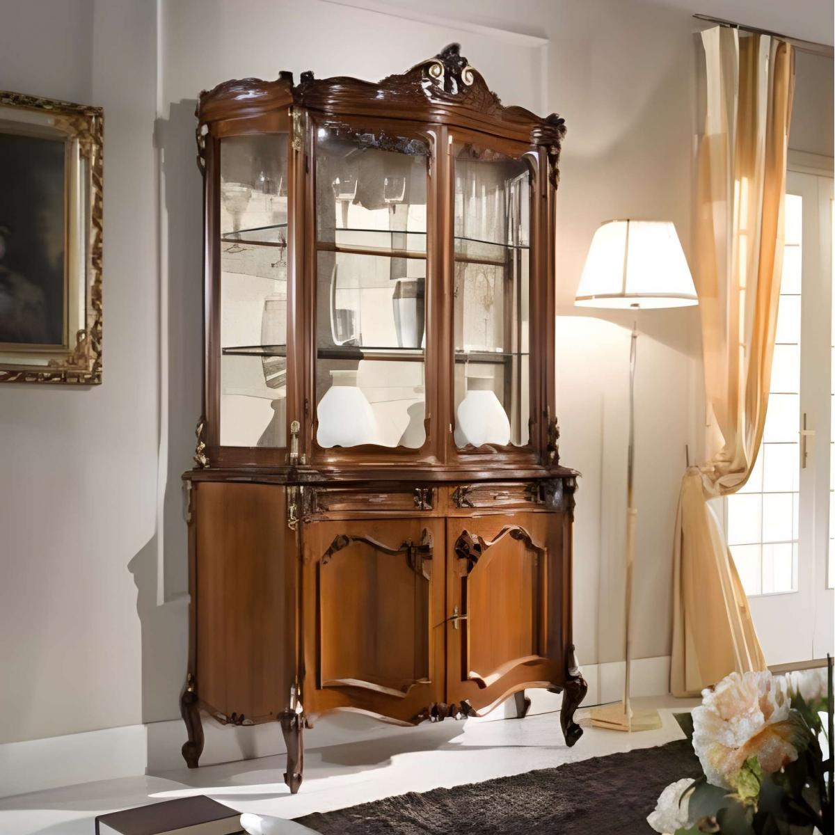 Luxury Baroque Wooden Multi-Door Glass Showcase with Sculpted Crown and Double Door Storage Unit Front View by Luxury Group International