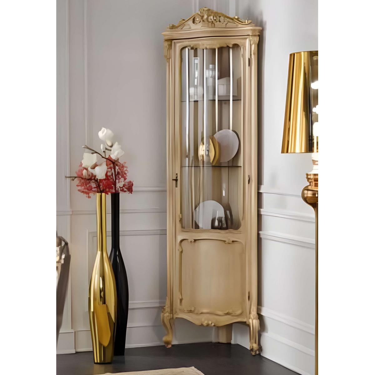 Luxury Baroque Wooden Single Door Corner Glass Showcase Cabinet with Sculpted Crown in Gold Finish Front View by Luxury Group International