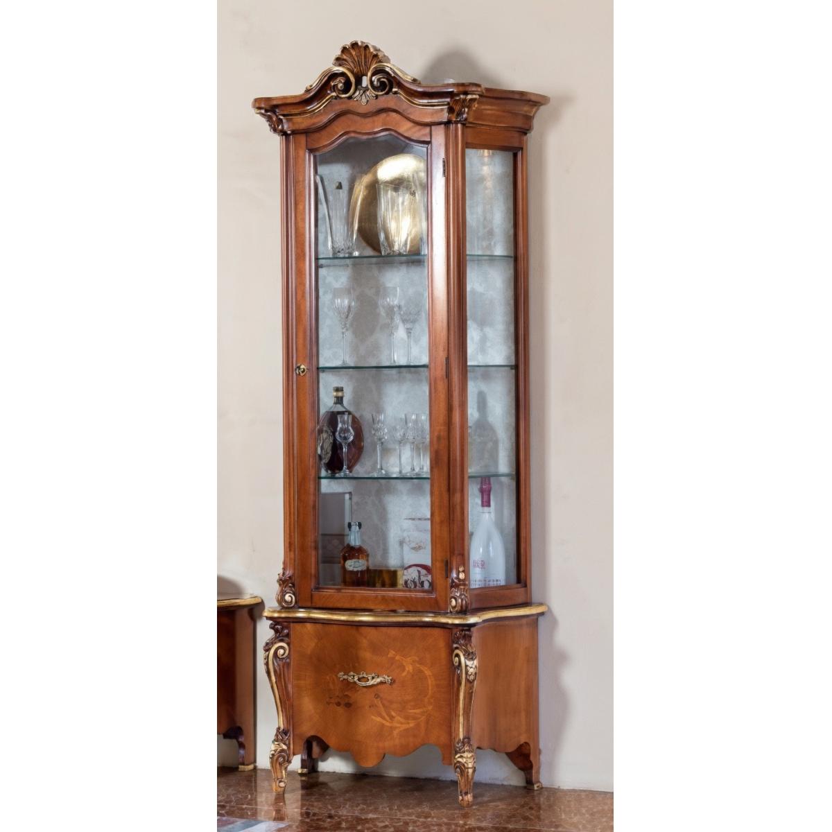 Luxury Baroque Wooden Single Door Glass Display Cabinet with Sculpted Crown Crest & Hand-Inlaid Drawer Base Front View by Luxury Group International