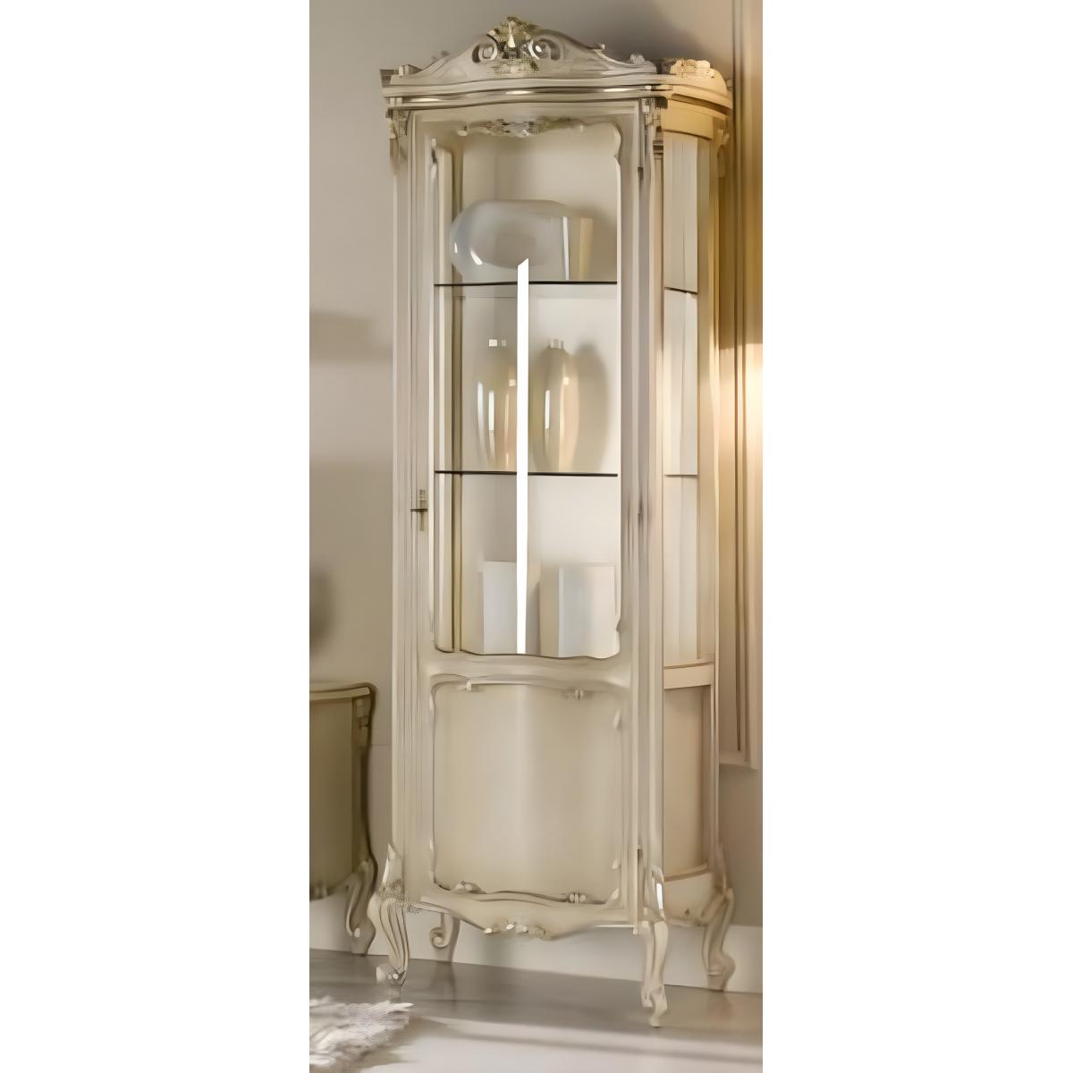 Luxury Baroque Wooden Single Door Glass Showcase Cabinet with Sculpted Crown in Ivory Finish Front View by Luxury Group International