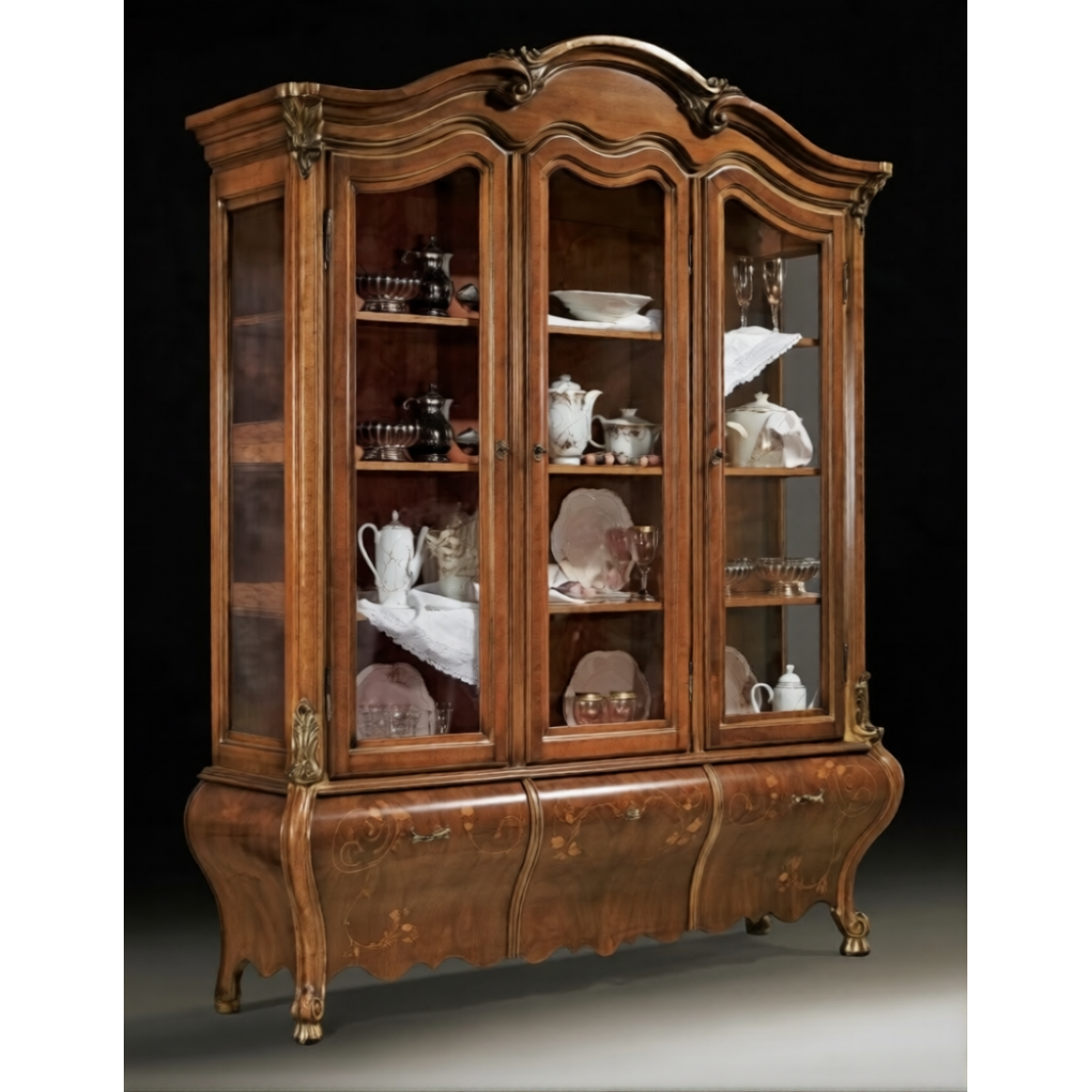 Luxury Baroque Wooden Triple Door Glass Display Cabinet with Sculpted Frame & Curved Storage Base Front View by Luxury Group International