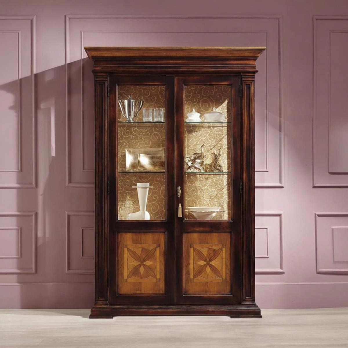 Luxury Barque Double Door Glass Display Cabinet in Dark Walnut Finish - Baroque Furniture Front View by Luxury Group International