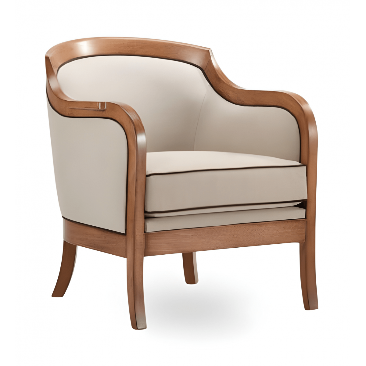 Fauteuil de Salle à Manger Barrel de Luxe avec Revêtement Crème et Structure en Bois - Mobilier de Salle à Manger Vue de face par Luxury Group International