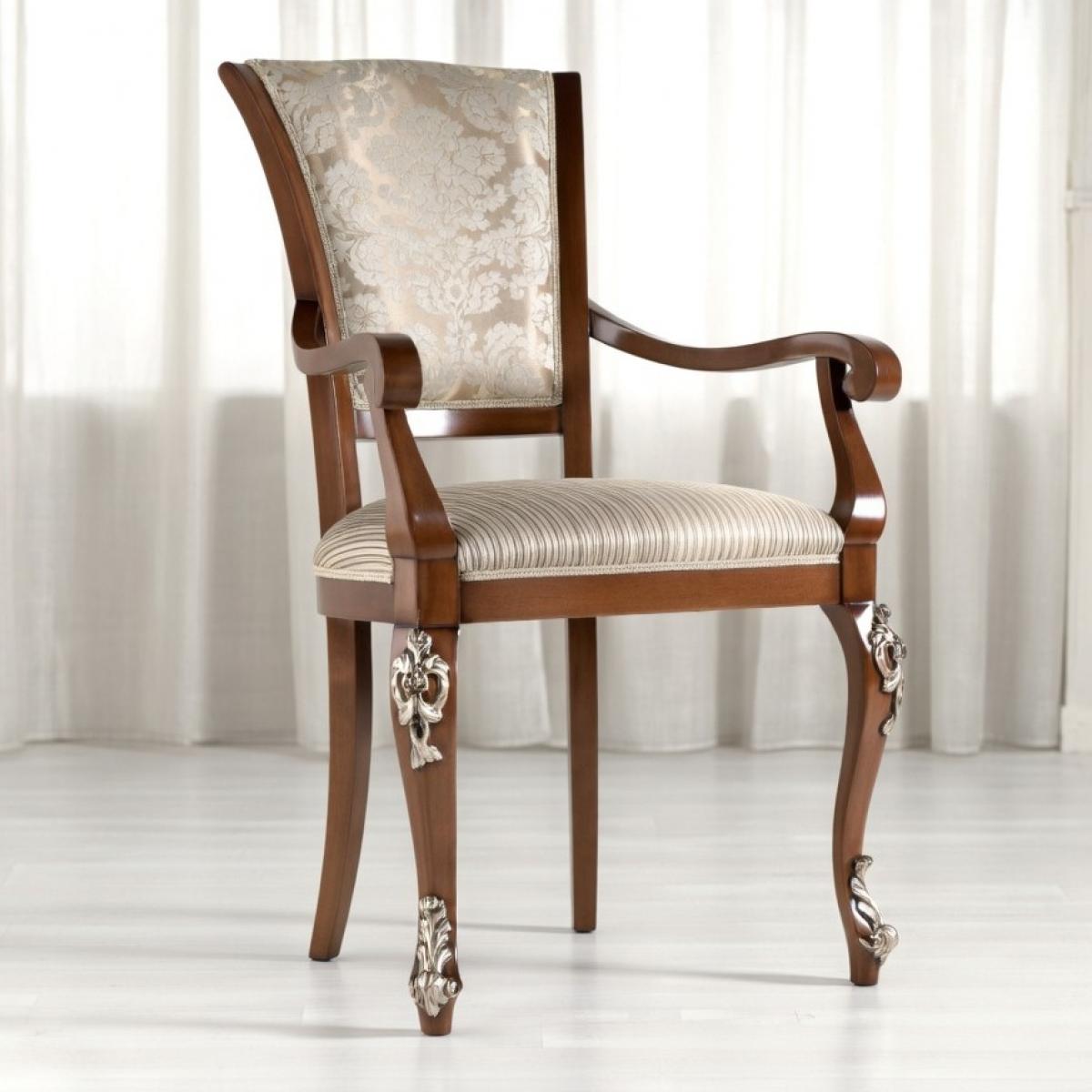 Luxury Beige Damask Upholstered Dining Armchair with Scroll Arms & Silver Sculpted Wooden Legs Side View by Luxury Group International