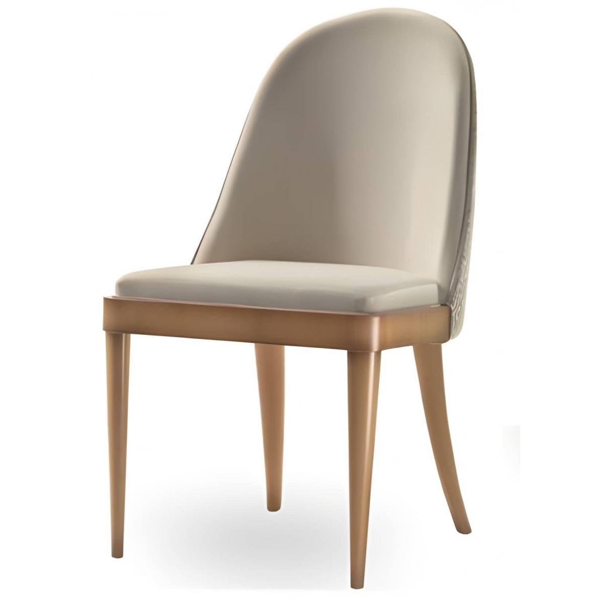 Luxuriöser beigefarbener gepolsterter Esszimmerstuhl mit geschwungener Rückenlehne und polierten Holzbeinen mit