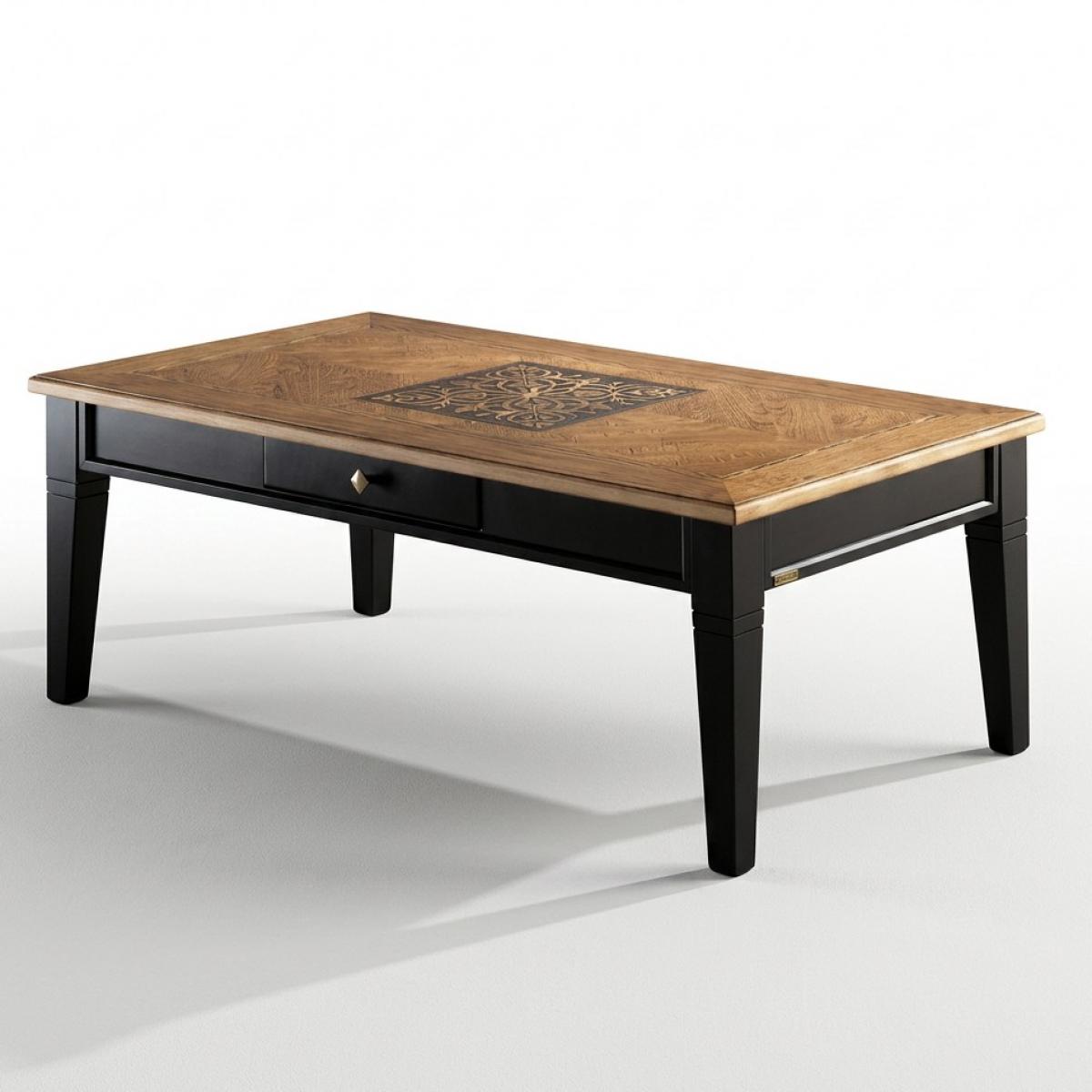 Luxus Schwarzer Designer-Couchtisch mit Dekorativem Eichenholz-Top & Integriertem Schubladenspeicher Vorderansicht von Luxury Group International