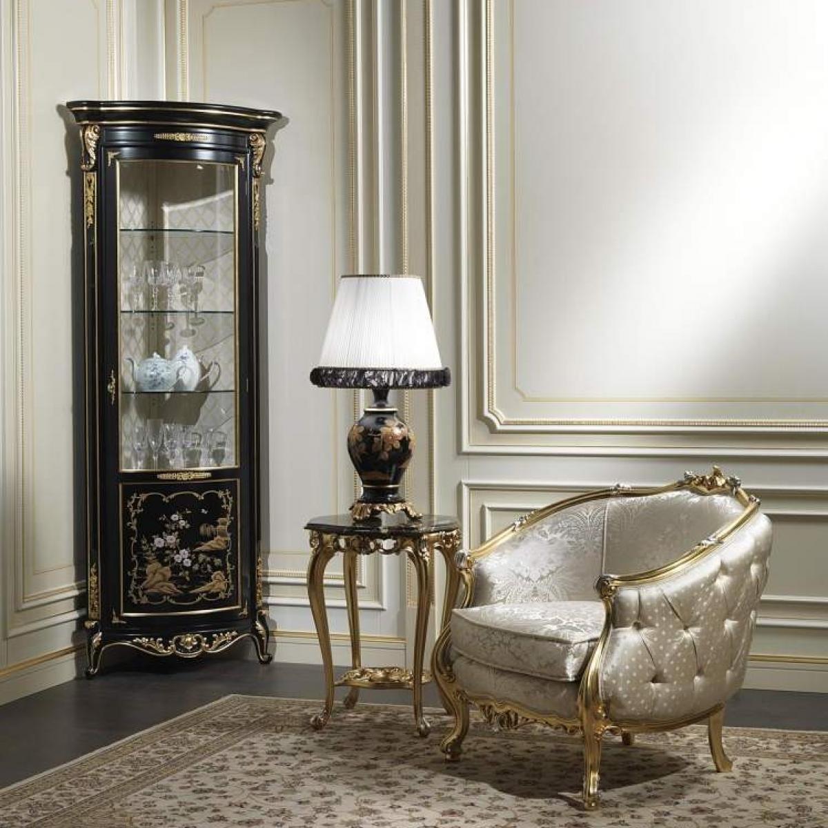 Luxury Black Lacquered Baroque Corner Display Cabinet with Ornate Gold Leaf Trim - Royal Furniture Front View by Luxury Group International