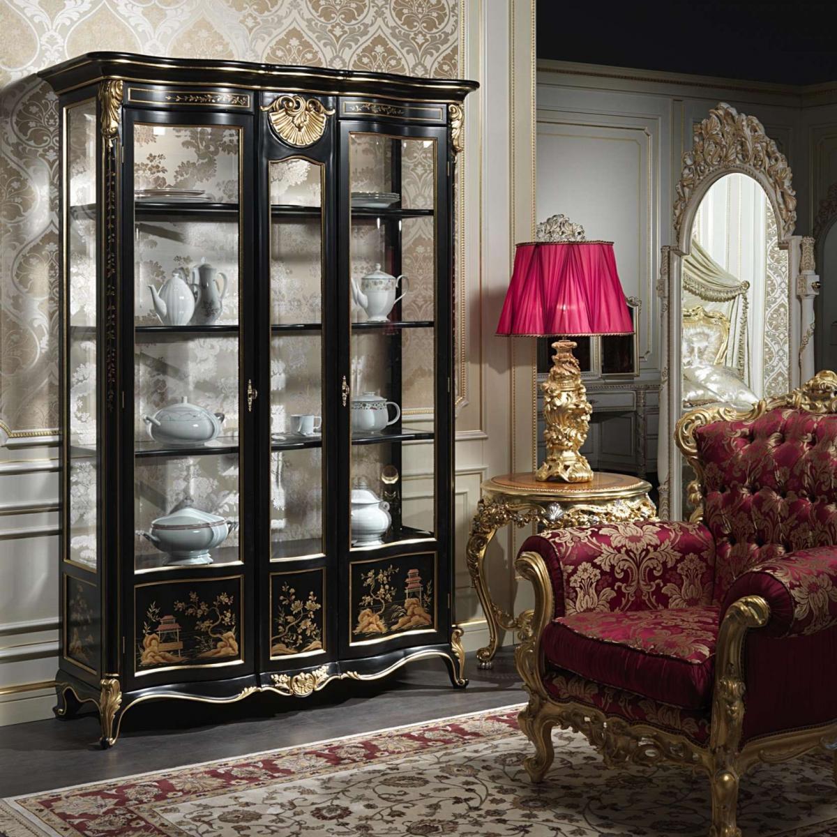 Luxury Black Lacquered Baroque Double Door Display Cabinet with Ornate Gold Leaf Trim - Royal Furniture Front View by Luxury Group International