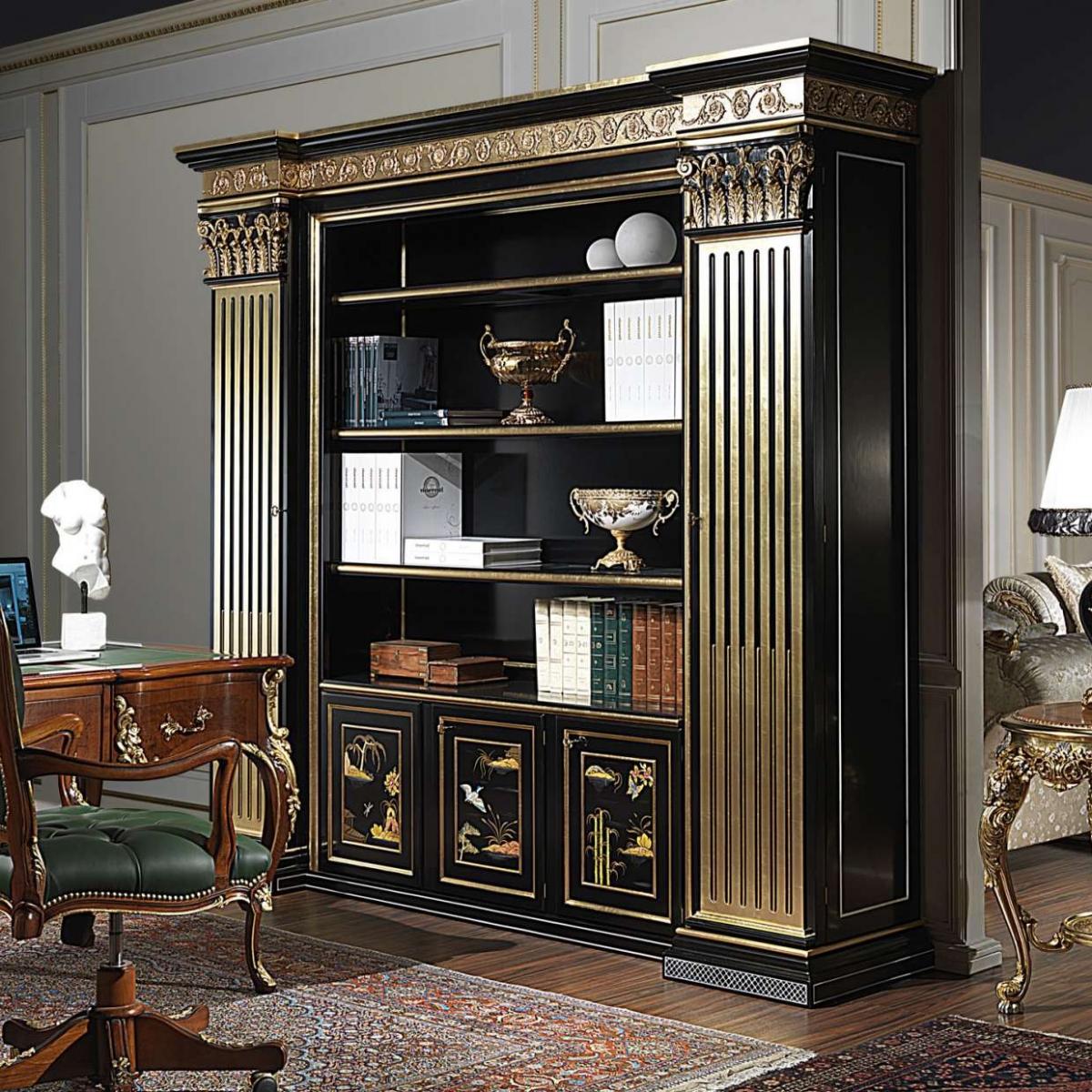 Luxury Black Lacquered Baroque Shelve with Ornate Gold Leaf Trim & Hand-Painted Storage Panels - Royal Furniture Front View by Luxury Group International