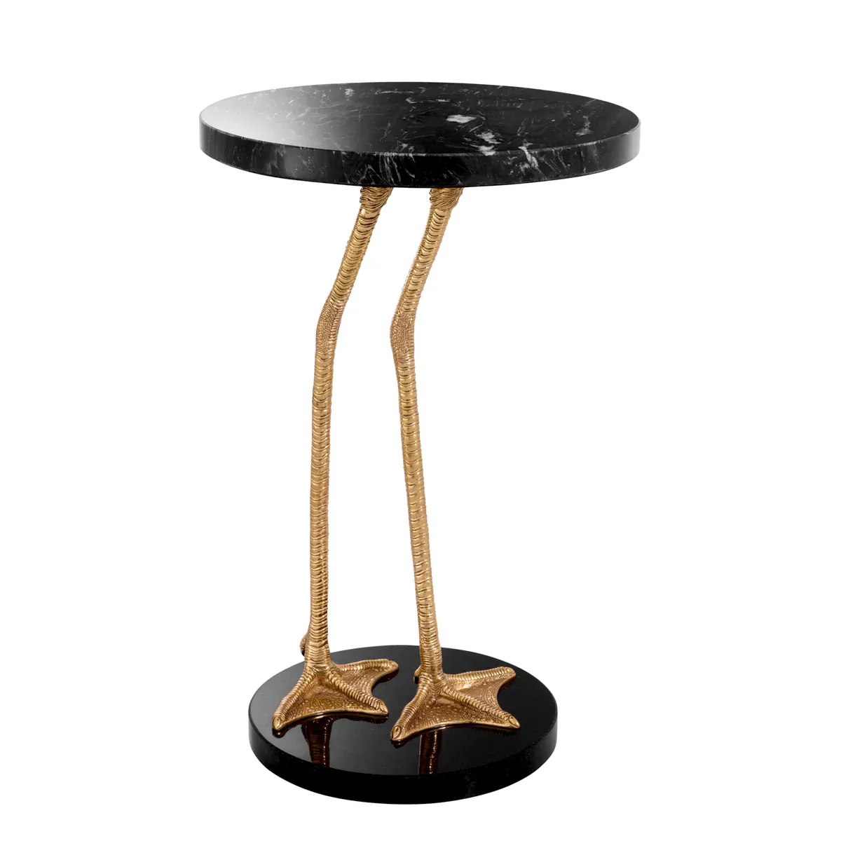 Luxury Black Marble Round Top Side Table with Polished Brass Flamingo Leg on Granite by Luxury Group International