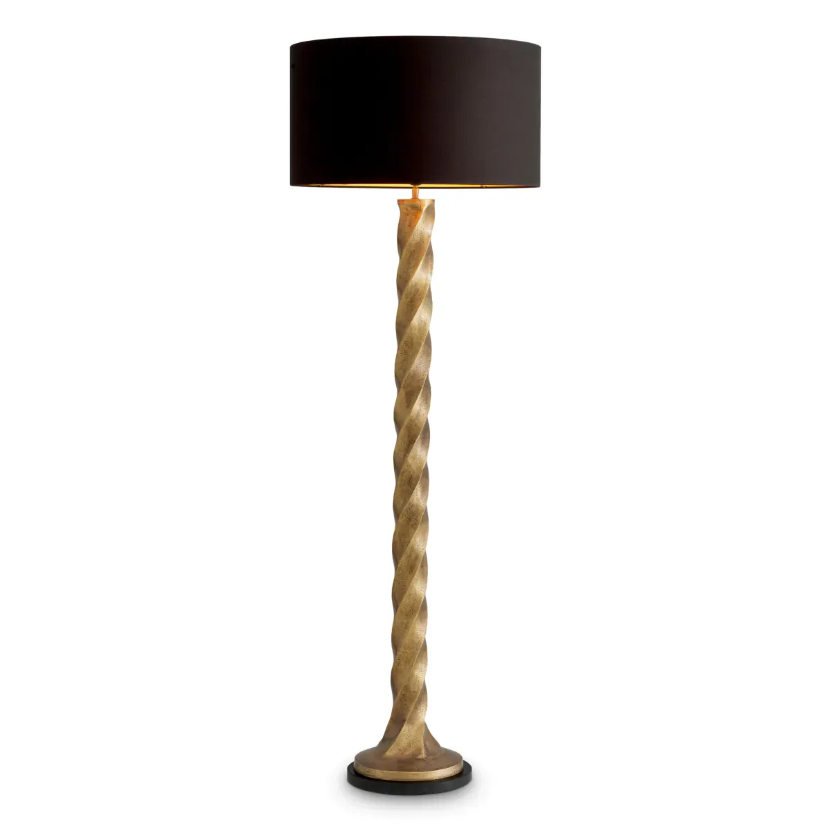 Luxus Stehlampe mit schwarzem Schirm und gedrehtem Spiralstamm in Vintage-Messing-Finish von Luxury Group International