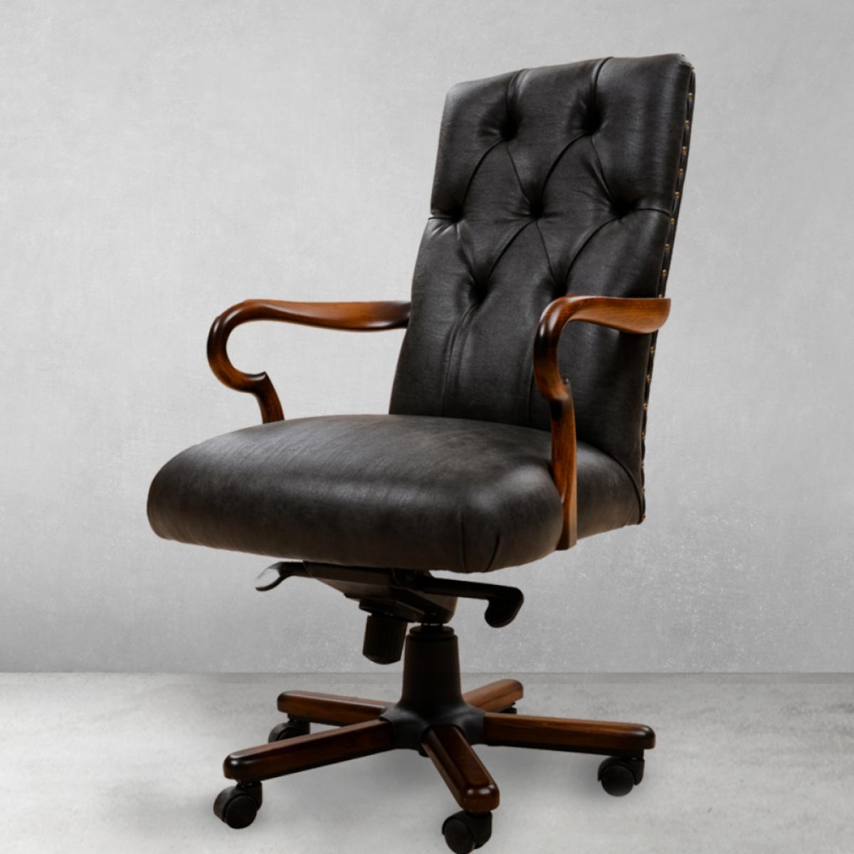 Luxury Black Tufted Leather Office Chair with Sculpted Wooden Armrests - Office Furniture Front View by Luxury Group International