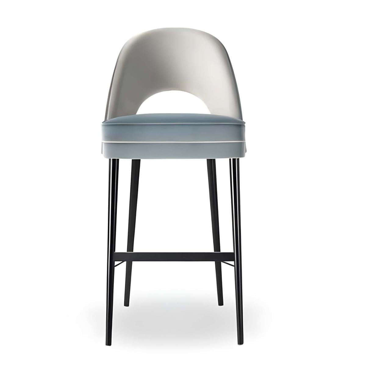 Luxuriöser blauer und elfenbeinfarbener Polster-Barhocker mit gebogenem Bogenrücken und schwarzen konischen Beinen von