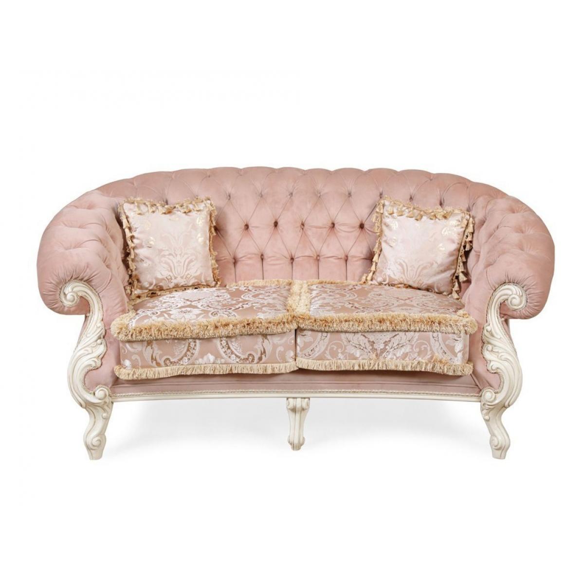 Luxus Samtsofa in Blush Pink mit Knopfheftung, 2-Sitzer, Barockstil mit elfenbeinfarbenem Schnitzrahmen Vorderansicht von Luxury Group International