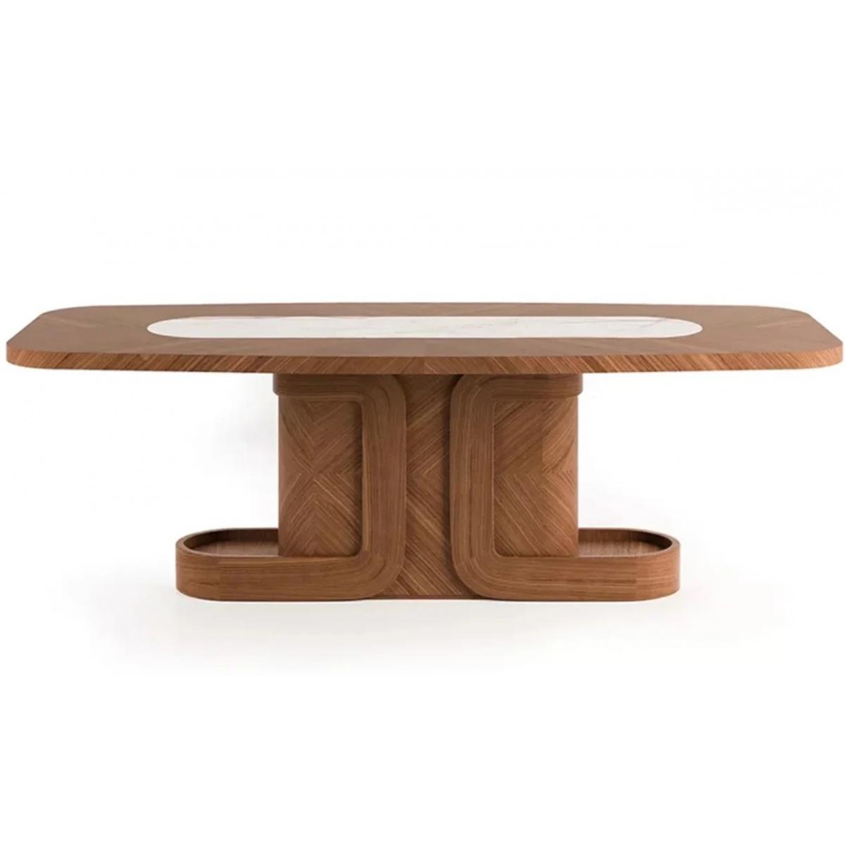 Luxury Brown Rectangular Top Centre White Marble Inlay Modern Pedestal Wooden Dining Table by Luxury Group International