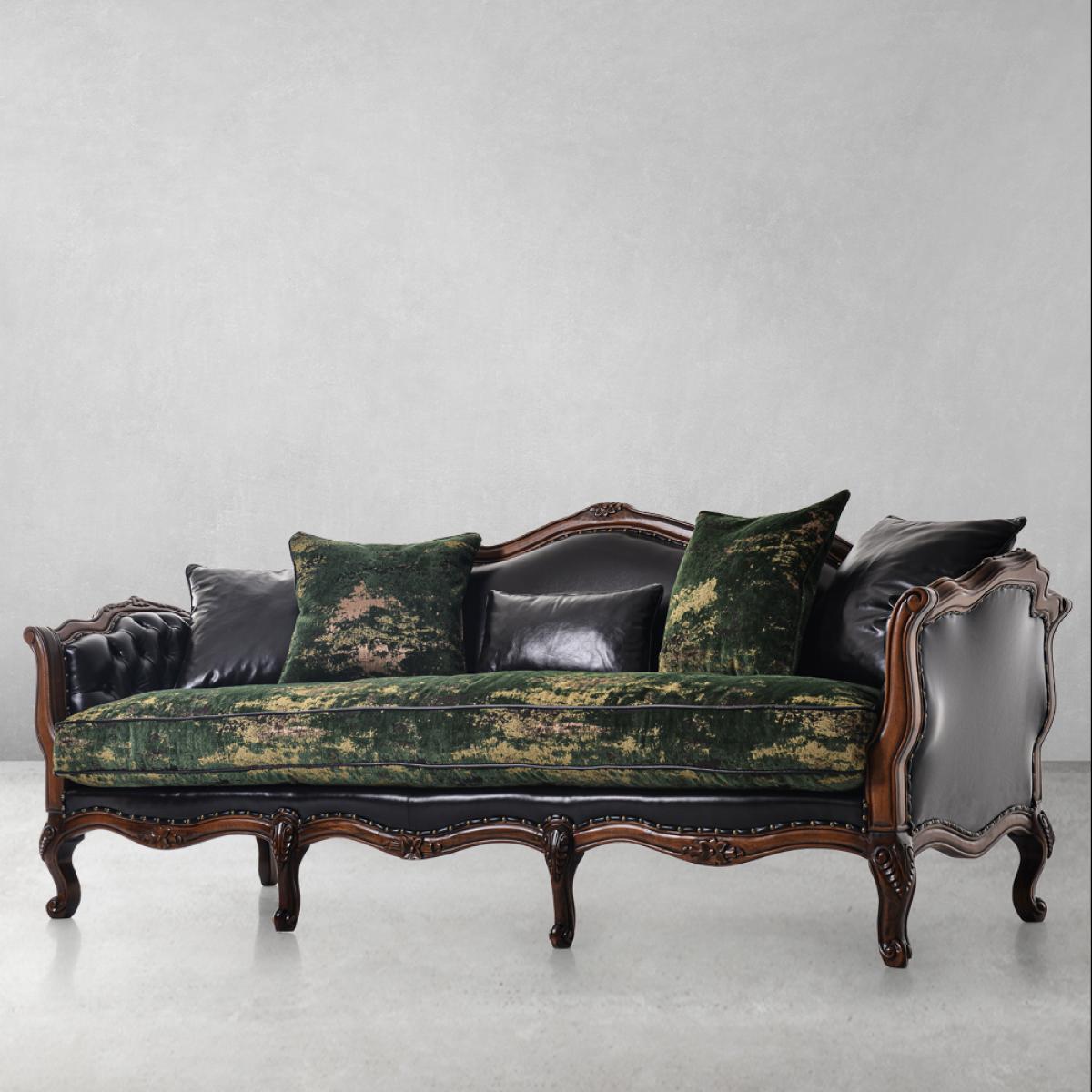 Luxury Carved 3-Seater Velvet Sofa with Leather Panels in Baroque Wooden Frame Front View by Luxury Group International