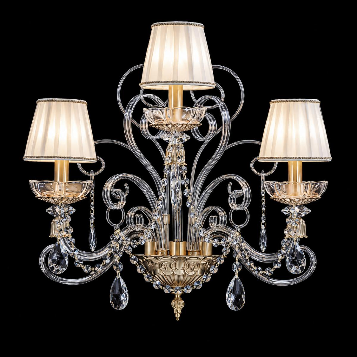 Luxury Triple Arm Crystal Gold Decorative Wall Lamp with Fabric Shades by Luxury Group International