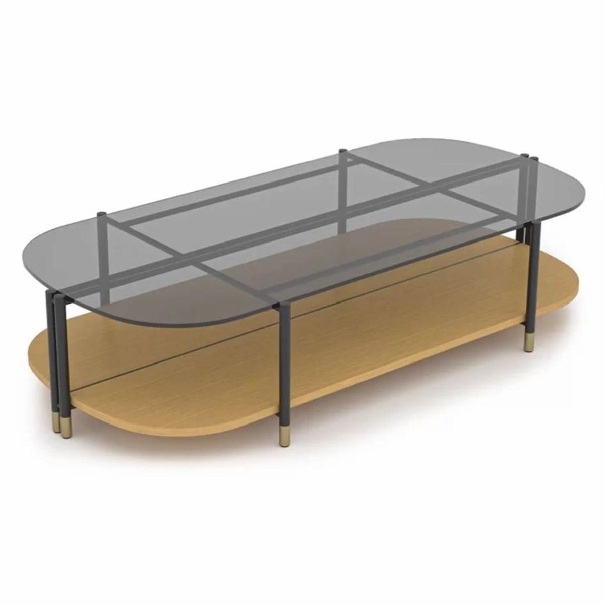 Table Basse de Luxe Naturel / Gris / Laiton 155 cm Plateau en Verre pour Salon par Luxury Group International