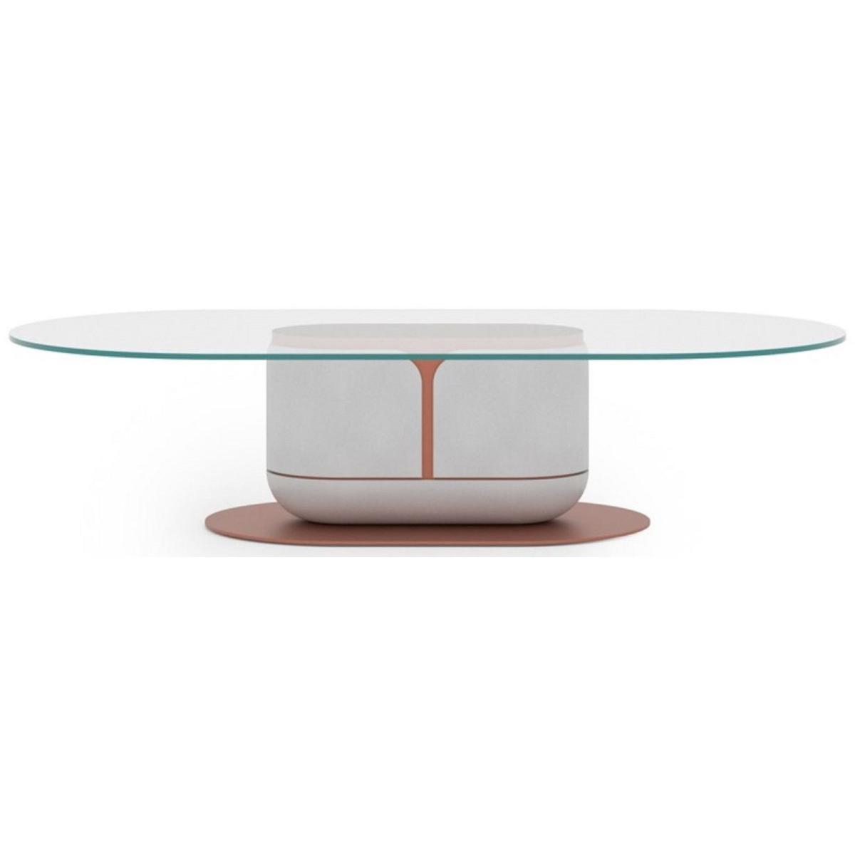 Table Basse de Luxe Blanche et Cuivre avec Plateau en Verre 150 x 80 x H. 40 cm Design Moderne Ovale par Luxury Group International