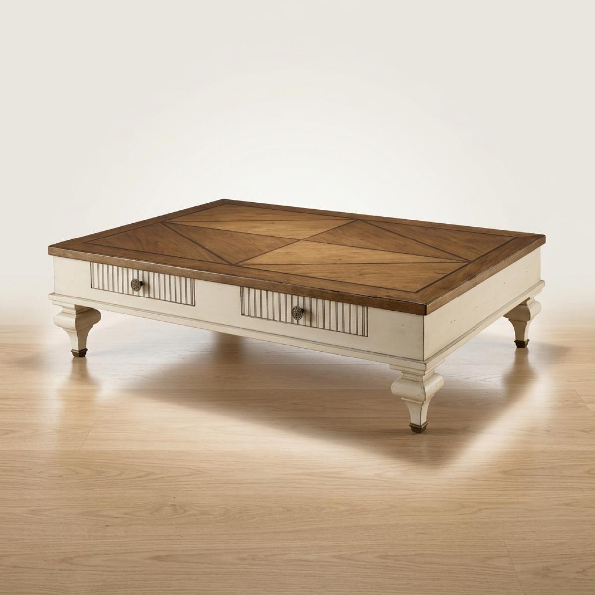 Luxus-Couchtisch mit geometrischer Holzplatte und doppeltem Schubladenspeicher in Elfenbein-Finish Vorderansicht von Luxury Group International