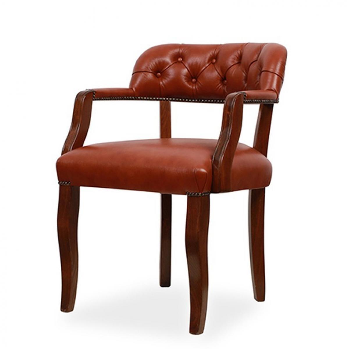 Luxury Cognac Leather Dining Armchair with Button-Tufted Curved Backrest Front View by Luxury Group International