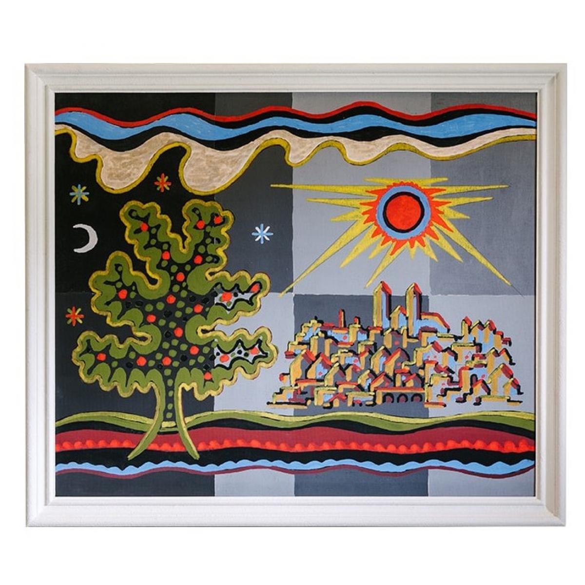 Luxus Bunte Landschafts-Wandkunst mit Baum, Sonne und Abstraktem Stadtbild-Design von Luxury Group International