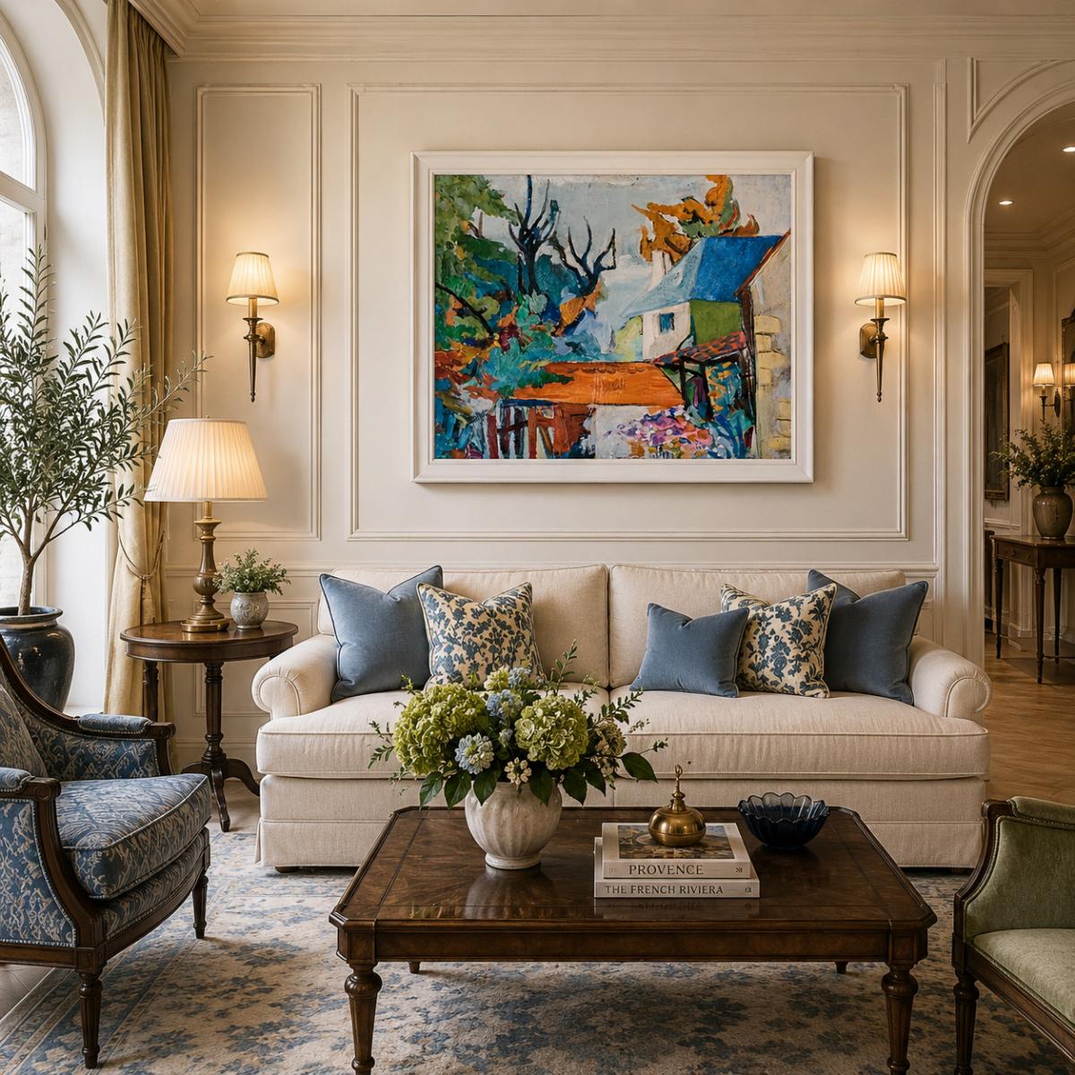 Luxuriöse, farbenfrohe Dorf-Landschafts-Wandkunst mit expressionistischer europäischer Landhausszene von Luxury Group International