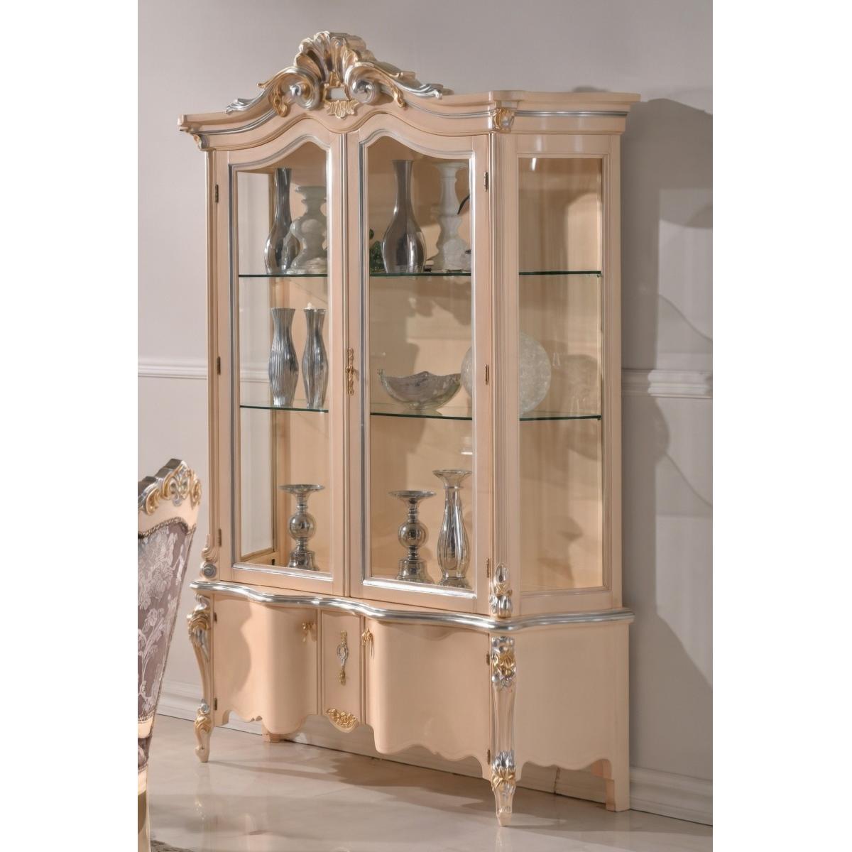 Luxury Cream Baroque Double Door Glass Display Cabinet with Sculpted Crown Pediment & Ornamental Storage Base Front View by Luxury Group International