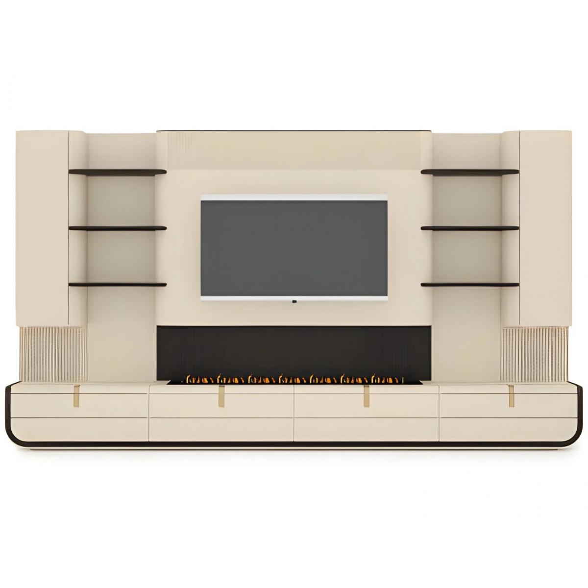 Meuble TV de luxe crème et noir avec cheminée décorative - Mobilier salon & hôtel par Luxury Group International