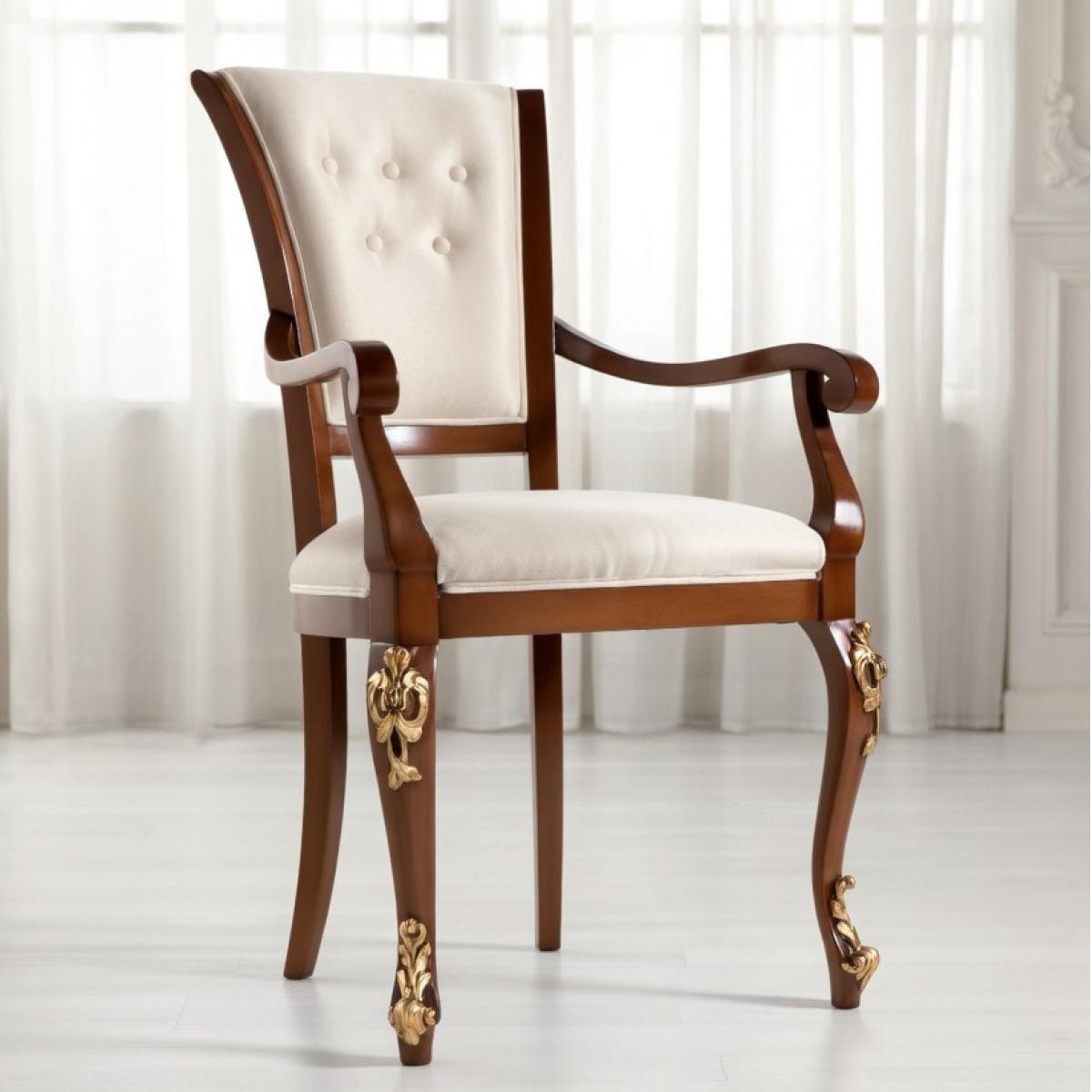 Luxury Cream Upholstered Dining Armchair with Button-Tufted Backrest & Gold Sculpted Wooden Legs Side View by Luxury Group International
