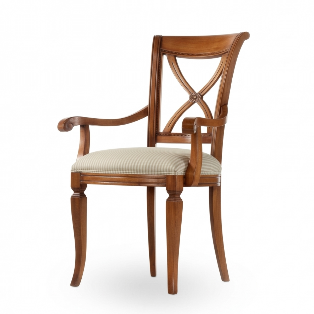 Luxury Cross-Back Wooden Dining Armchair with Striped Cream Upholstered Seat - Dining Room Furniture Front View by Luxury Group International