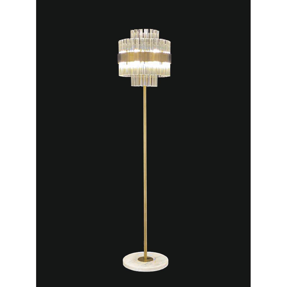 Luxury Crystal Glass Rod Shade Art Deco Floor Lamp with Golden Rod and White Marble Base Front View by Luxury Group International