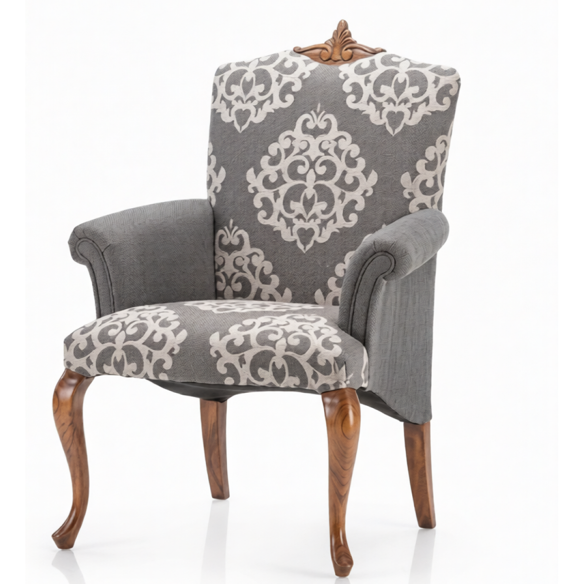 Fauteuil de Salle à Manger en Bois Haut Dossier Rembourré Motif Damassé avec Armoiries de Couronne - Mobilier de Salle à Manger Vue de face par Luxury Group International