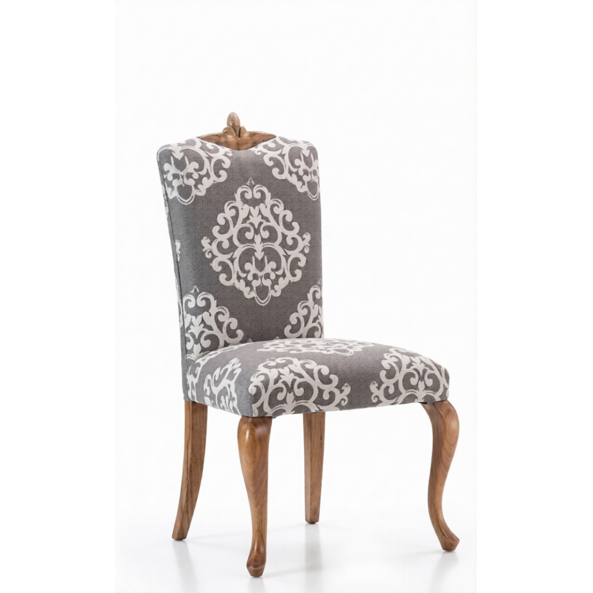 Chaise de Salle à Manger en Bois Tapissée de Luxe à Dossier Haut Motif Damassé avec Cime de Couronne - Mobilier de Salle à Manger Vue de face par Luxury Group International