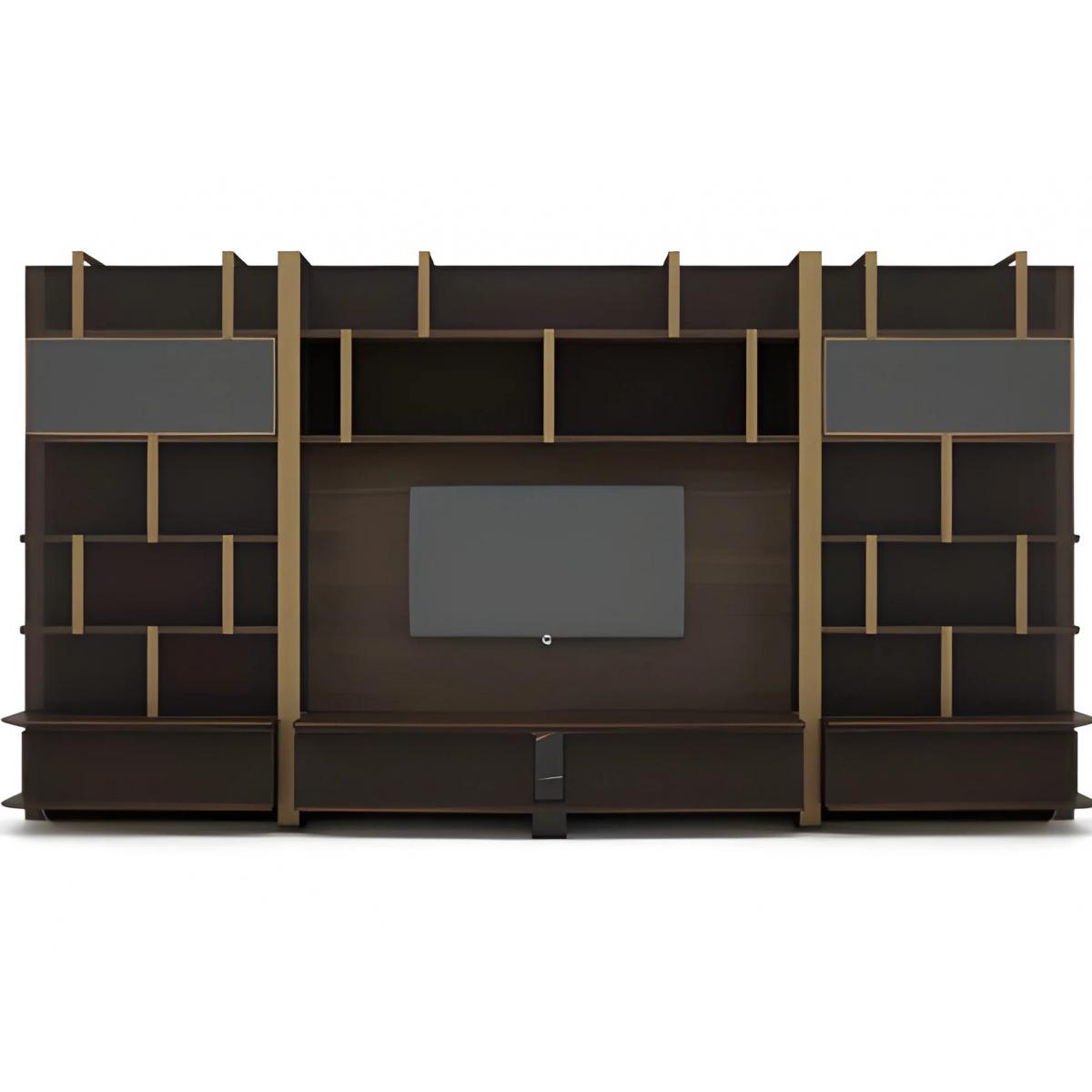 Luxury Dark Brown Wooden TV Unit with Modern Wall Shelving and Gold Frame Accents by Luxury Group International