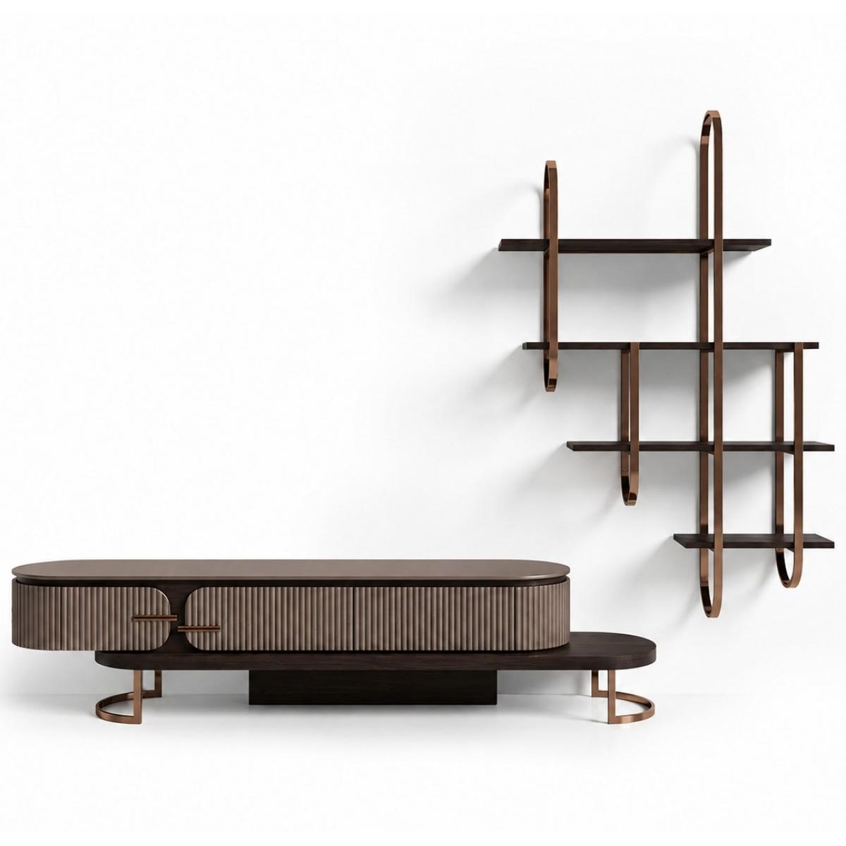 Mobile TV di Lusso in Legno Noce Scuro e Beige Taupe con Spazio di Archiviazione di Luxury Group International