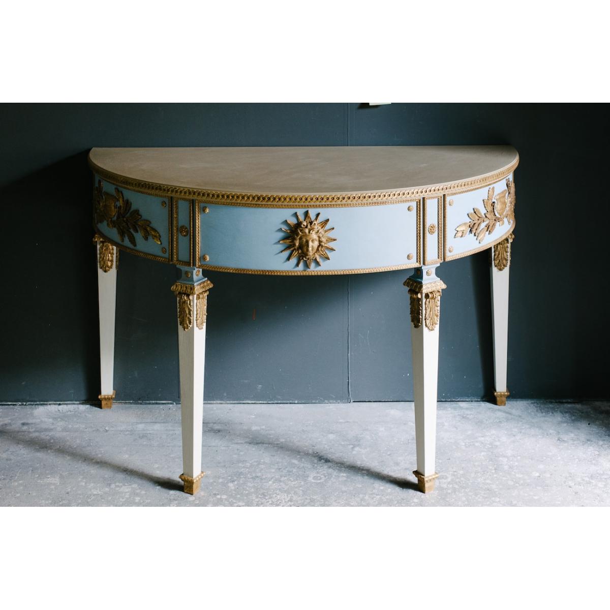 Light Blue & Gold Luxury Half-Moon Console Table with Sculpted Sunburst Medallion by Luxury Group International